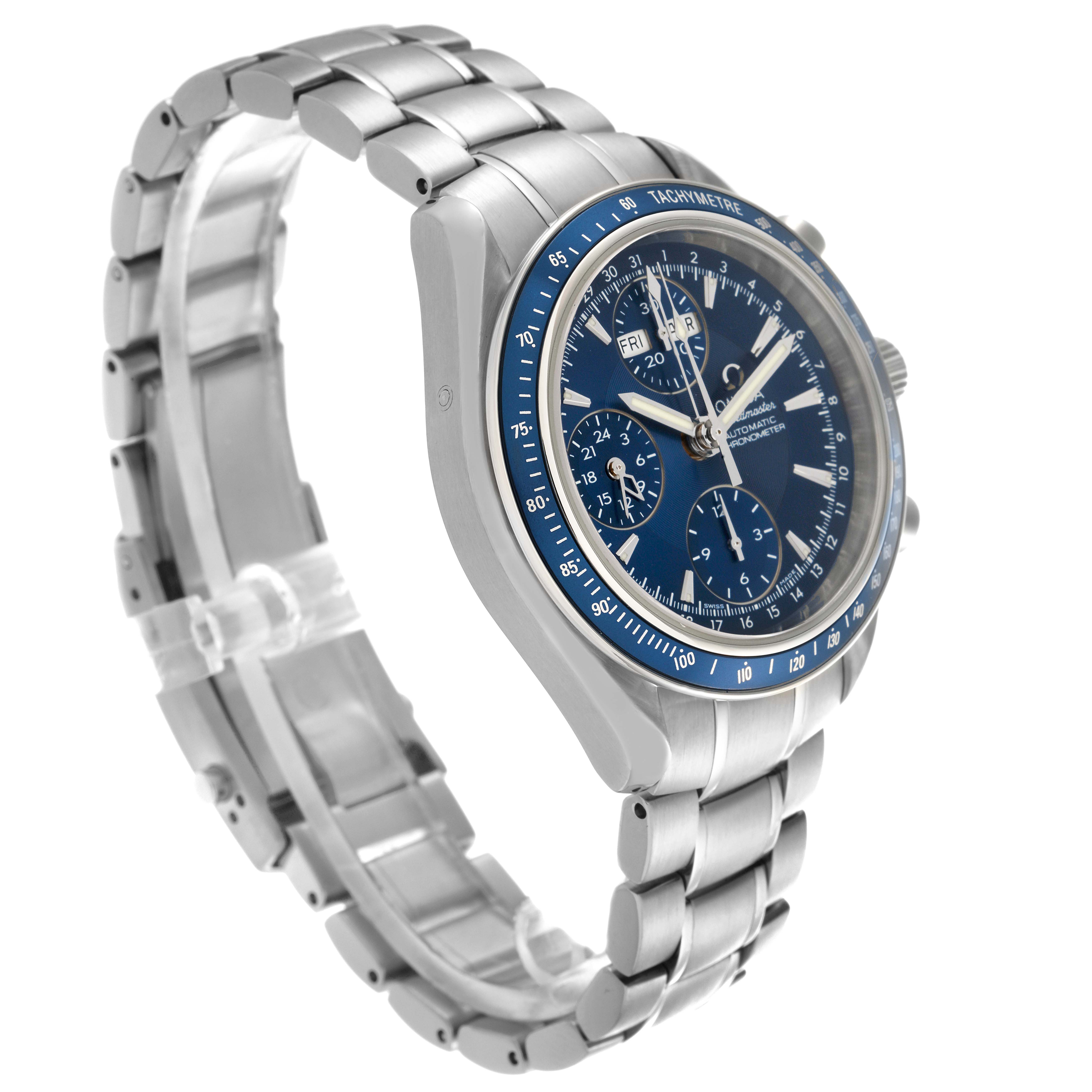 The Omega Speedmaster 3222.80.00 Men's Stainless Steel Blue Dial 3222.80.00 Men's Stainless Steel Blue Dial watch is shown at an angled view, highlighting the dial, bezel, and bracelet.