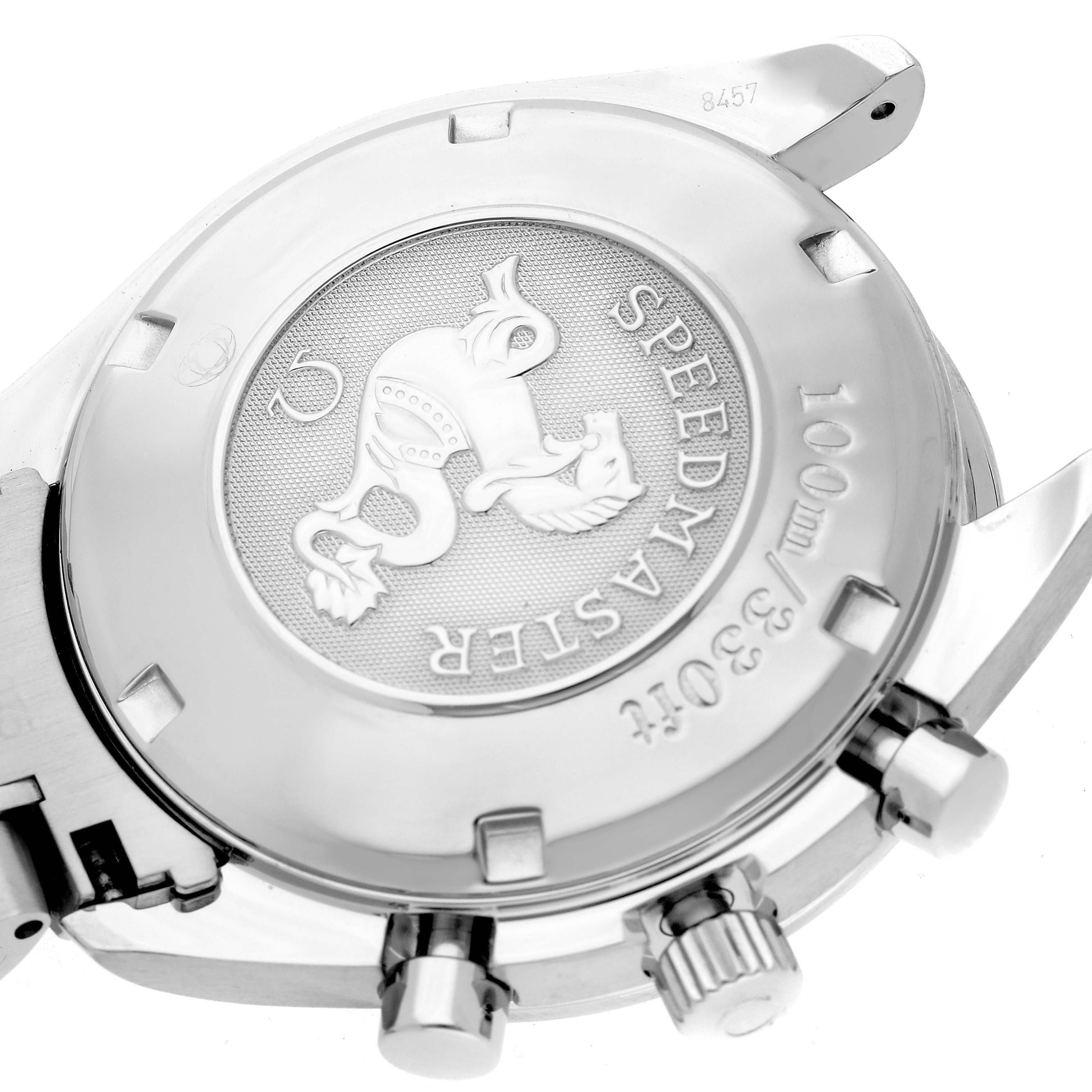 The image shows the case back and side buttons of an Omega Speedmaster 3222.80.00 Men's Stainless Steel Blue Dial 3222.80.00 Men's Stainless Steel Blue Dial, highlighting its emblem and water resistance info.