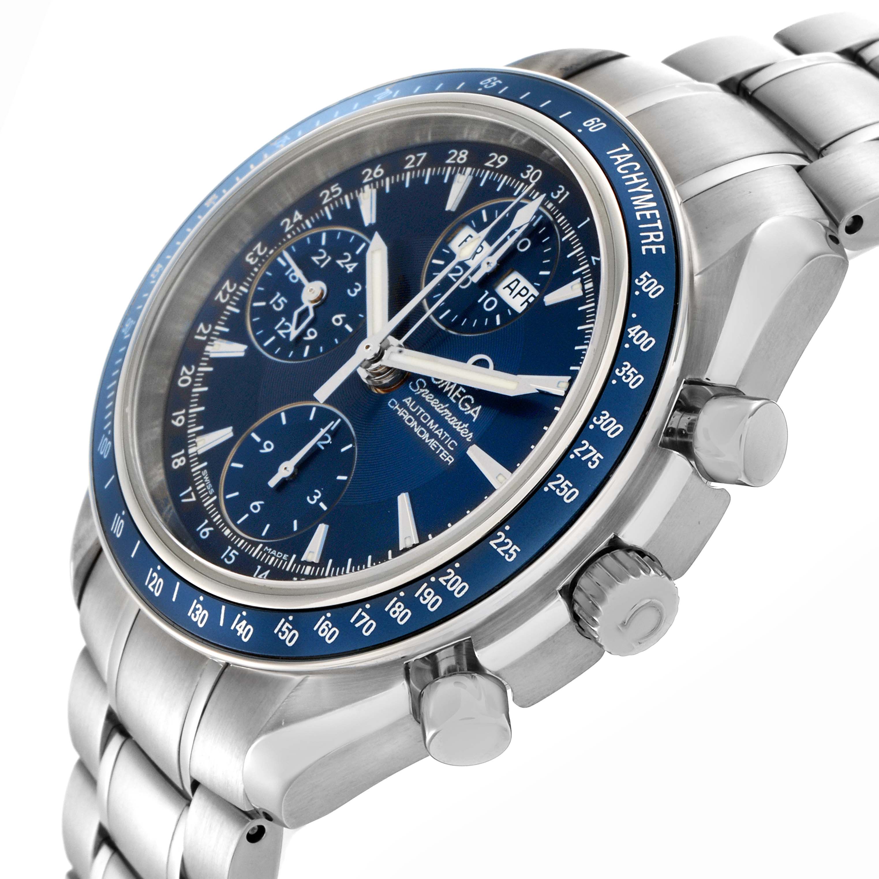 The Omega Speedmaster 3222.80.00 Men's Stainless Steel Blue Dial 3222.80.00 Men's Stainless Steel Blue Dial watch is shown at a three-quarter angle, displaying the face, tachymeter bezel, crown, and pushers.