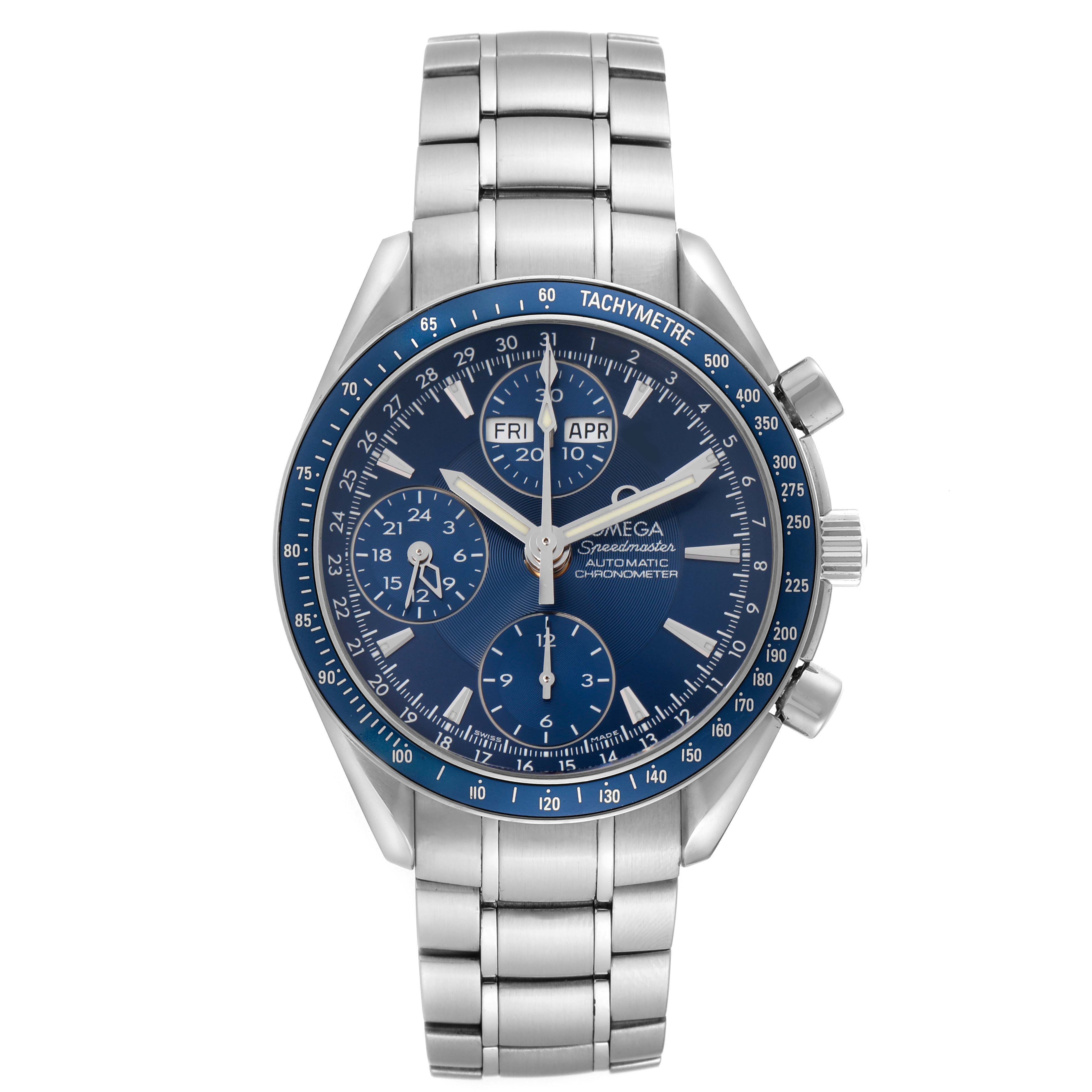 This Omega Speedmaster 3222.80.00 Men's Stainless Steel Blue Dial 3222.80.00 Men's Stainless Steel Blue Dial watch is shown from a front angle, displaying its blue dial, tachymeter, chronograph subdials, and metal bracelet.