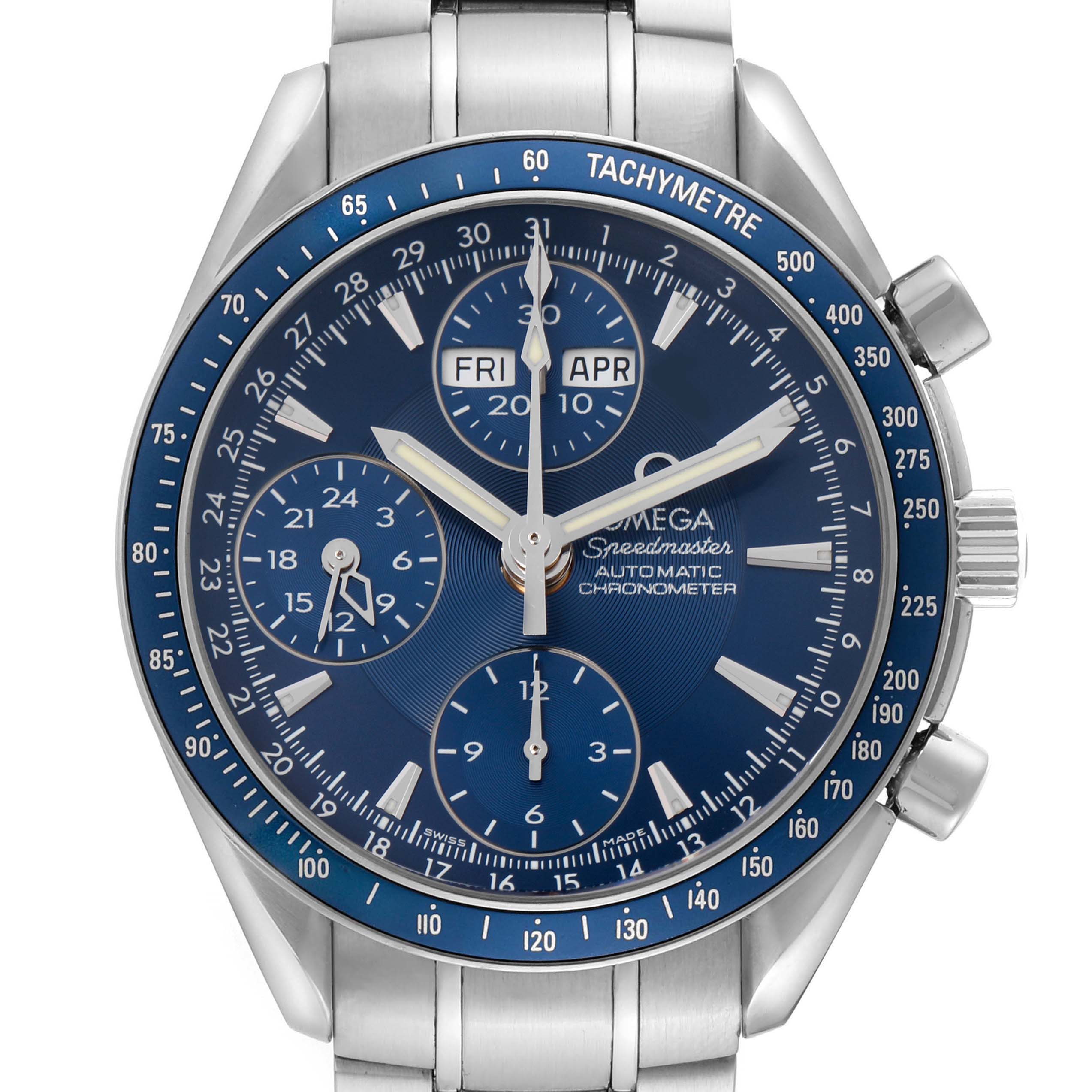 The Omega Speedmaster 3222.80.00 Men's Stainless Steel Blue Dial 3222.80.00 Men's Stainless Steel Blue Dial watch is shown from the front, highlighting the blue dial, sub-dials, tachymeter, and stainless steel bracelet.