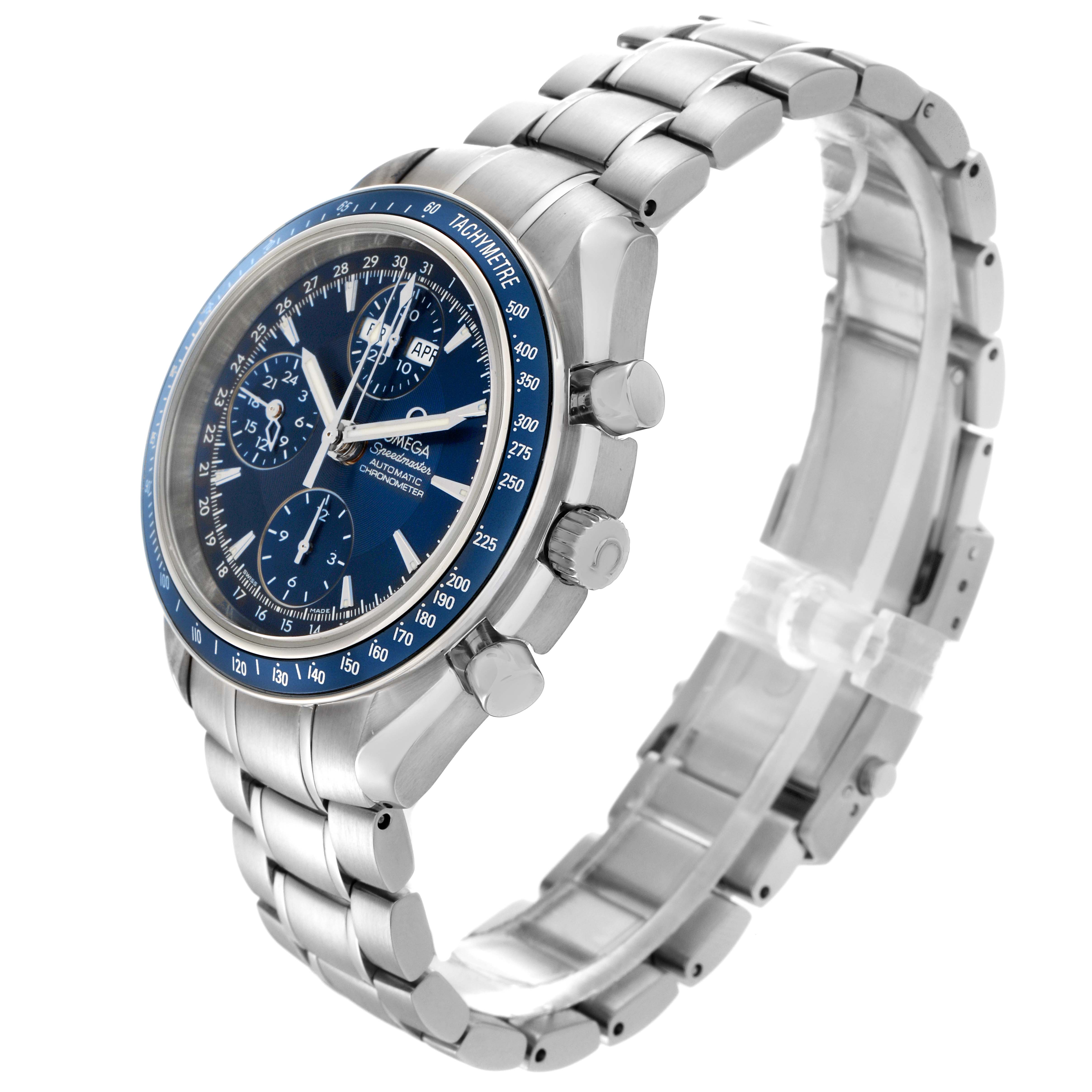 The Omega Speedmaster 3222.80.00 Men's Stainless Steel Blue Dial 3222.80.00 Men's Stainless Steel Blue Dial watch is shown at a three-quarter angle, highlighting the face, bezel, and bracelet with visible pushers.