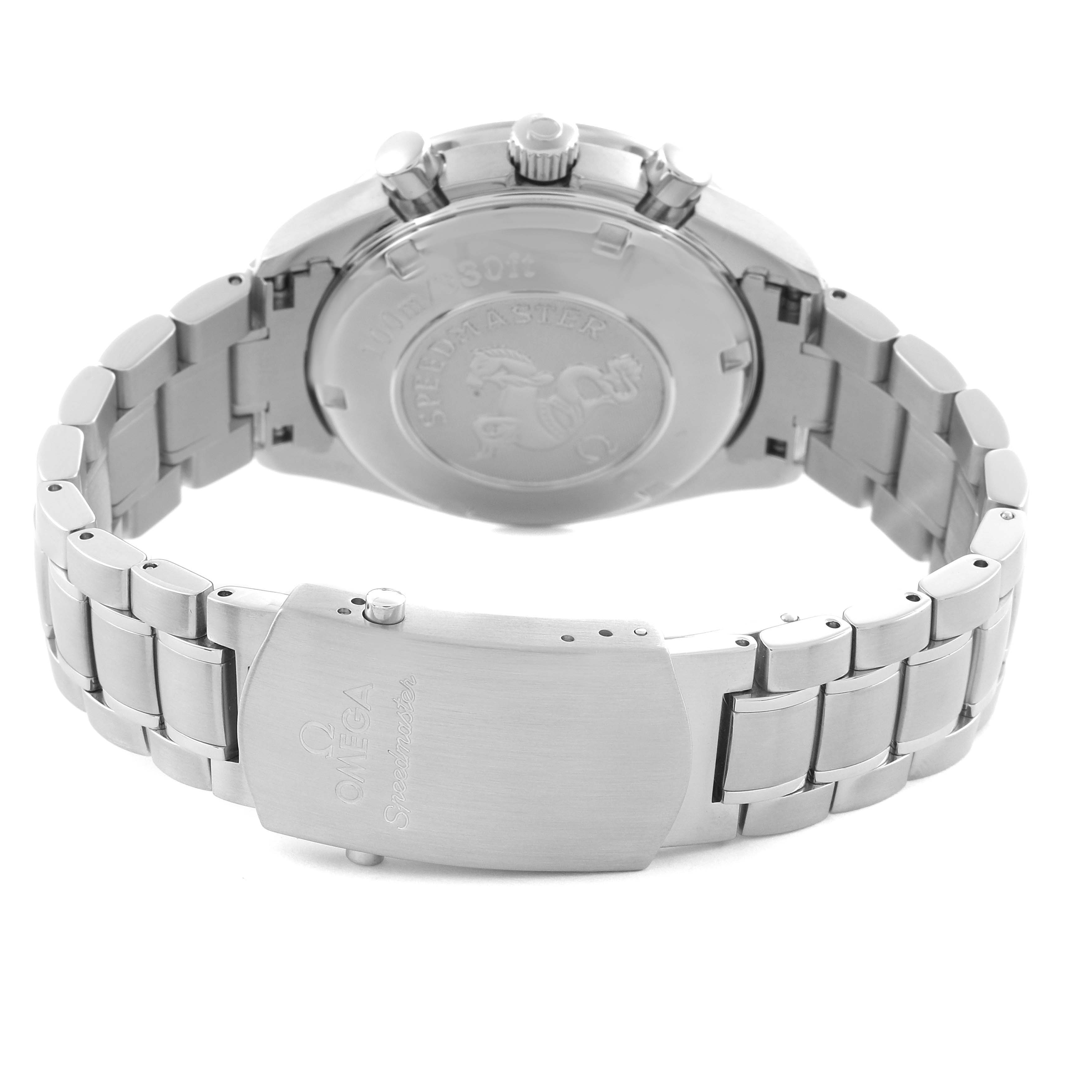 The Omega Speedmaster 3222.80.00 Men's Stainless Steel Blue Dial 3222.80.00 Men's Stainless Steel Blue Dial watch is shown from the back, highlighting the clasp, bracelet, and case back with logo.