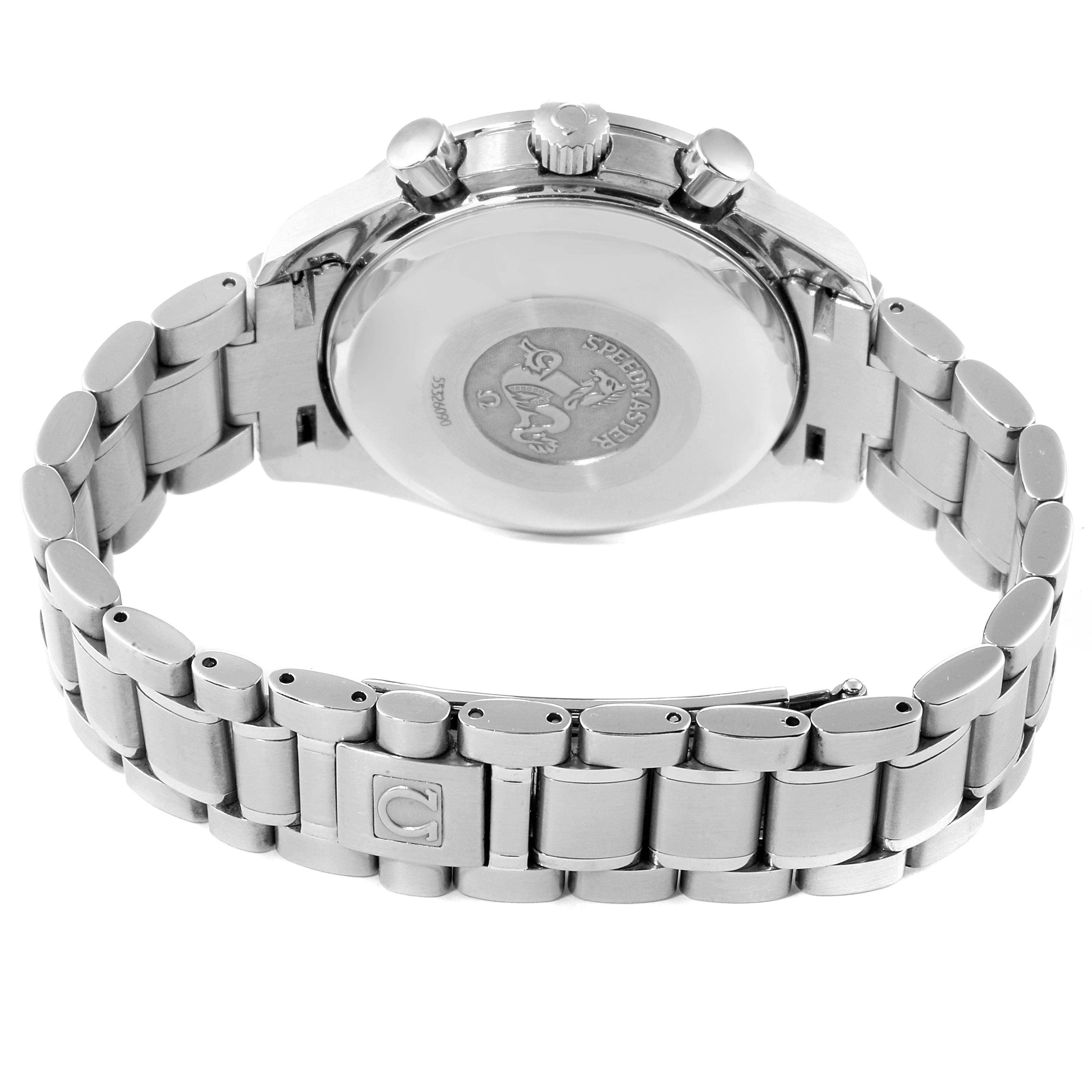 The image shows the back case, crown, and stainless steel bracelet of an Omega Speedmaster 3520.53.00 Men
s Stainless Steel Grey Dial 3520.53.00 Men
s Stainless Steel Grey Dial watch.