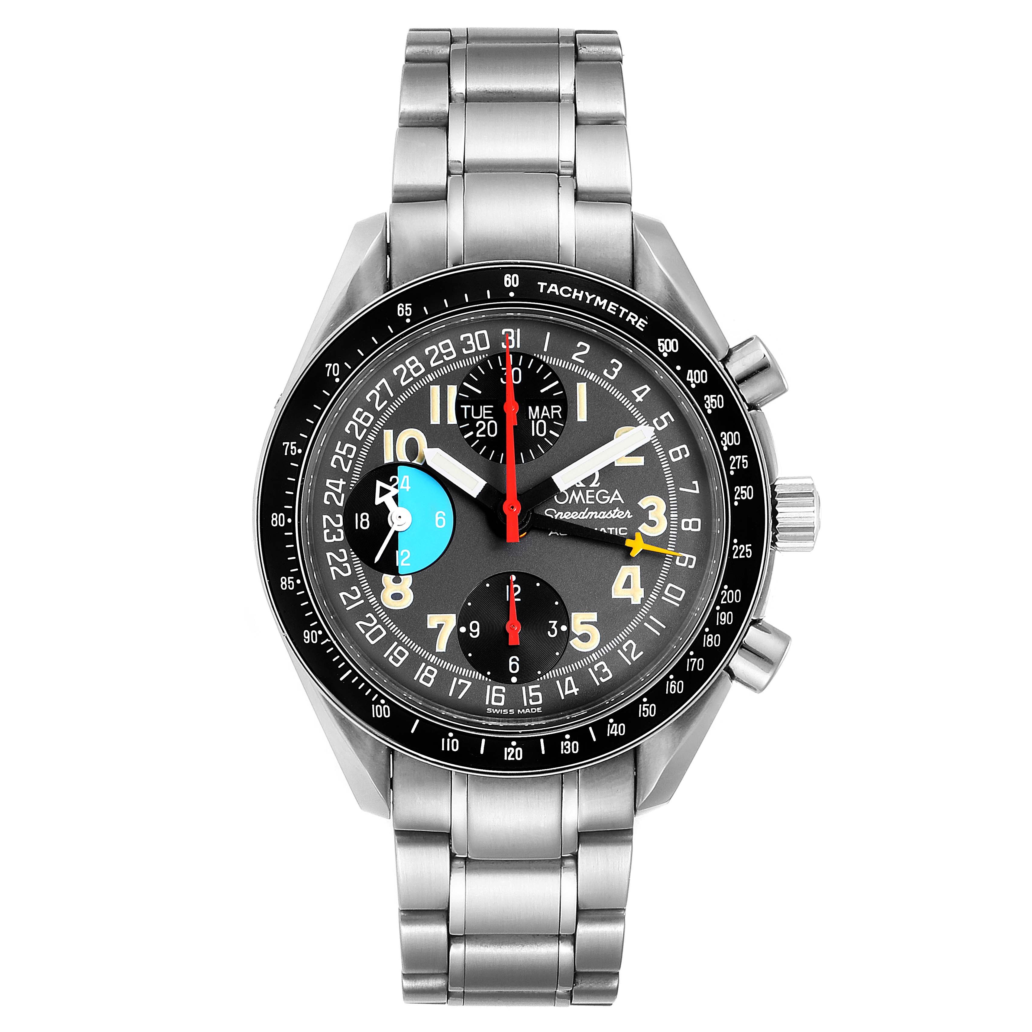 This image shows a front view of an Omega Speedmaster 3520.53.00 Men
s Stainless Steel Grey Dial 3520.53.00 Men
s Stainless Steel Grey Dial watch, displaying its face and stainless steel bracelet.