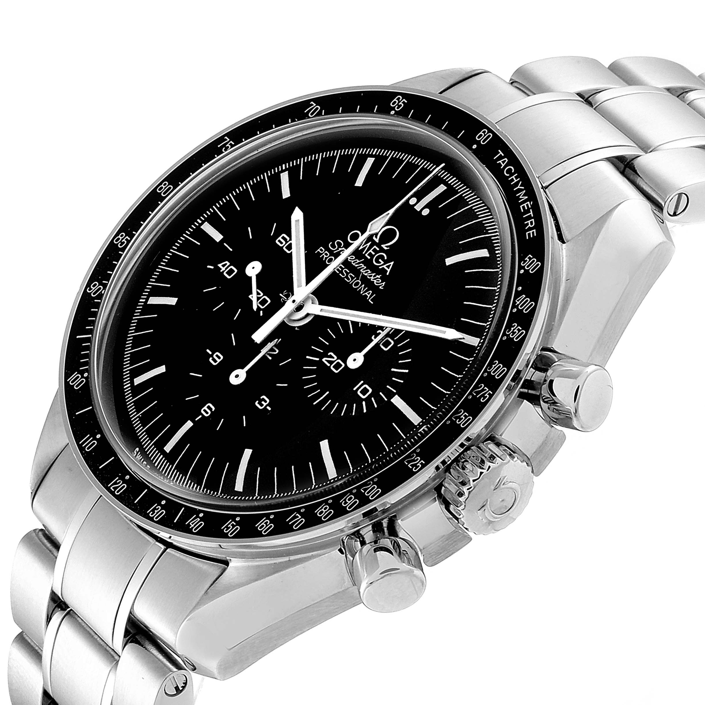 The Omega Speedmaster 311.30.42.30.01.005 Men
s Stainless Steel Black Dial 311.30.42.30.01.005 Men
s Stainless Steel Black Dial watch is shown at a slight angle, displaying its face, bezel, bracelet, and pushers.