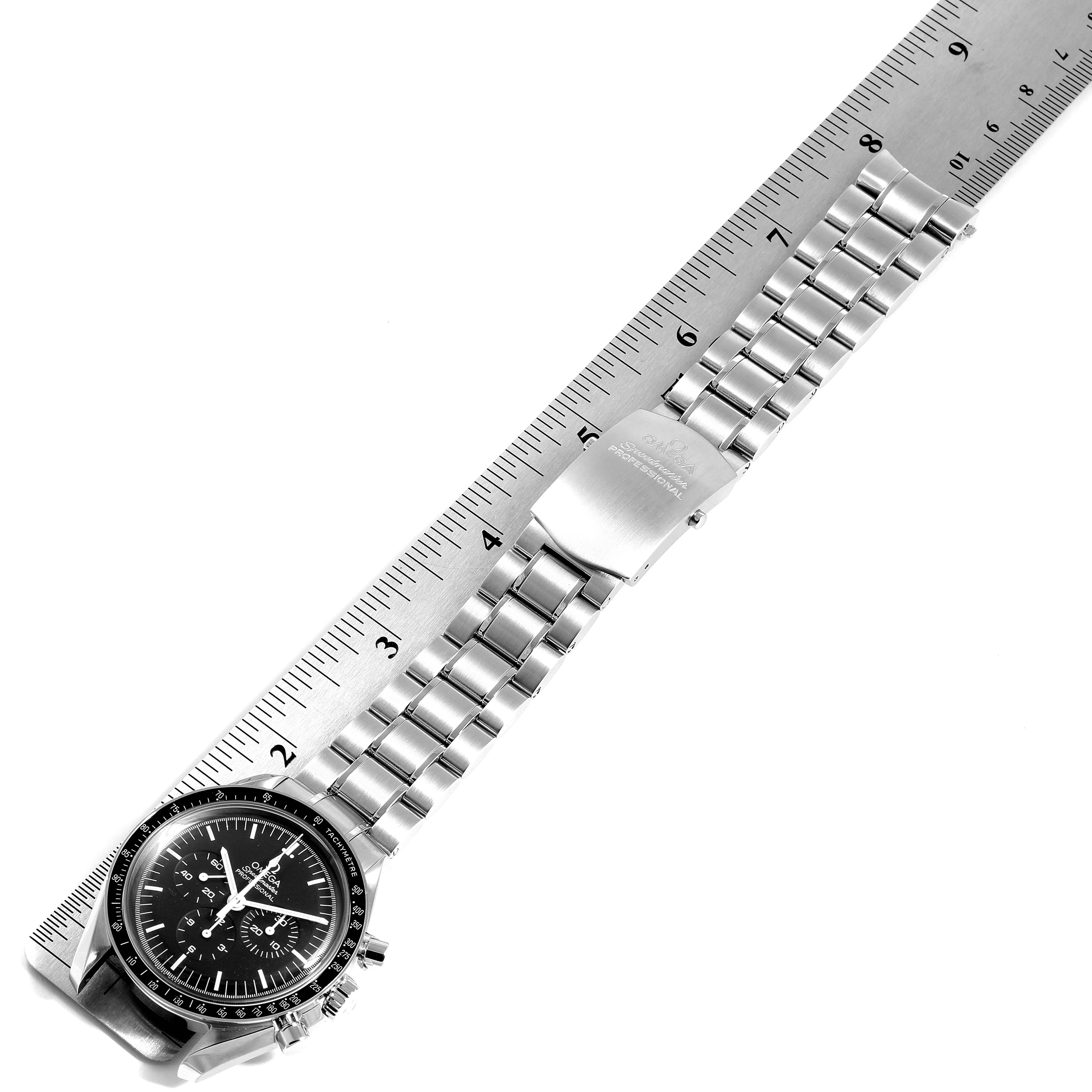 The Omega Speedmaster 311.30.42.30.01.005 Men
s Stainless Steel Black Dial 311.30.42.30.01.005 Men
s Stainless Steel Black Dial watch is shown from a top-down angle, displaying its face, bracelet, and clasp.
