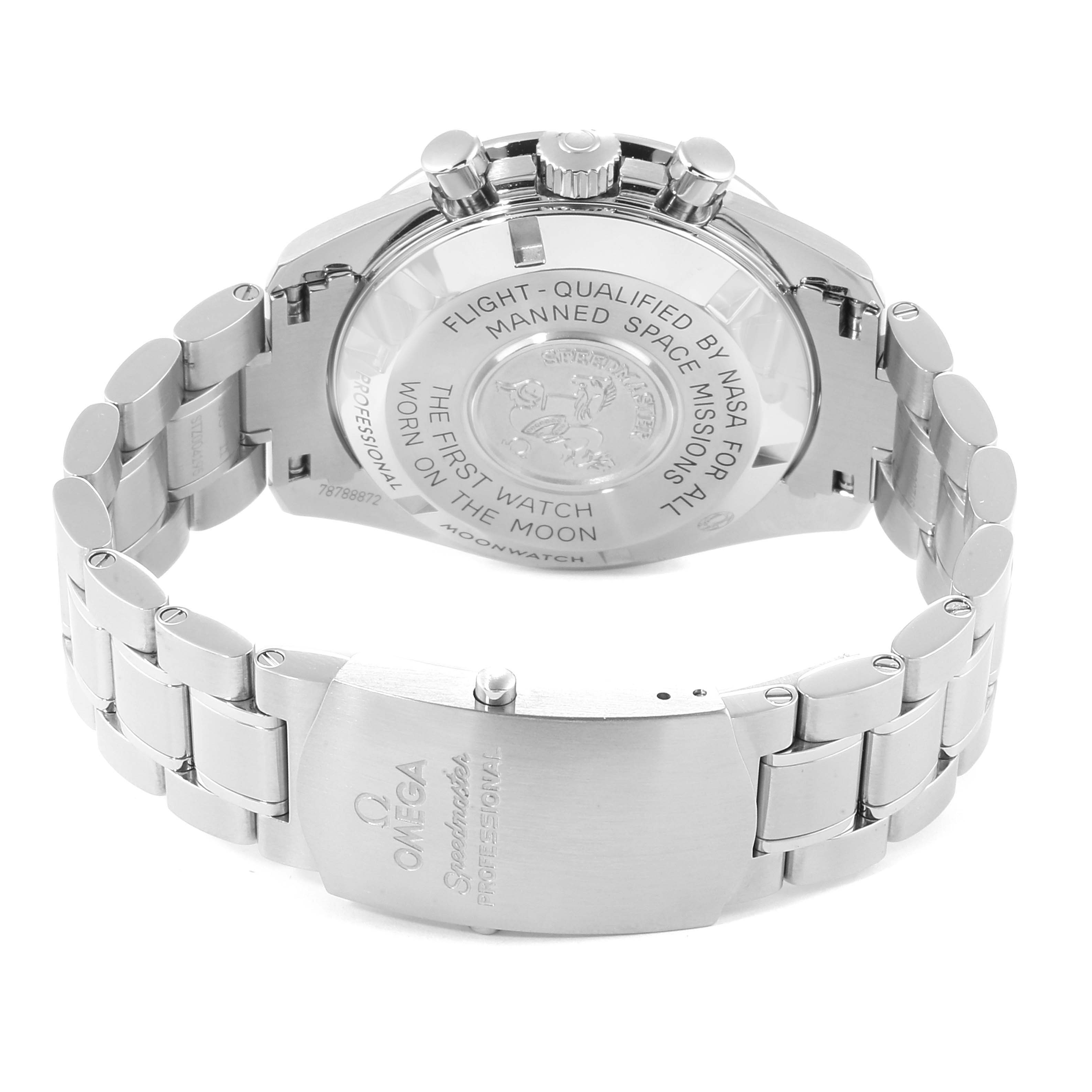 The image shows the back view and bracelet of the Omega Speedmaster 311.30.42.30.01.005 Men
s Stainless Steel Black Dial 311.30.42.30.01.005 Men
s Stainless Steel Black Dial watch.