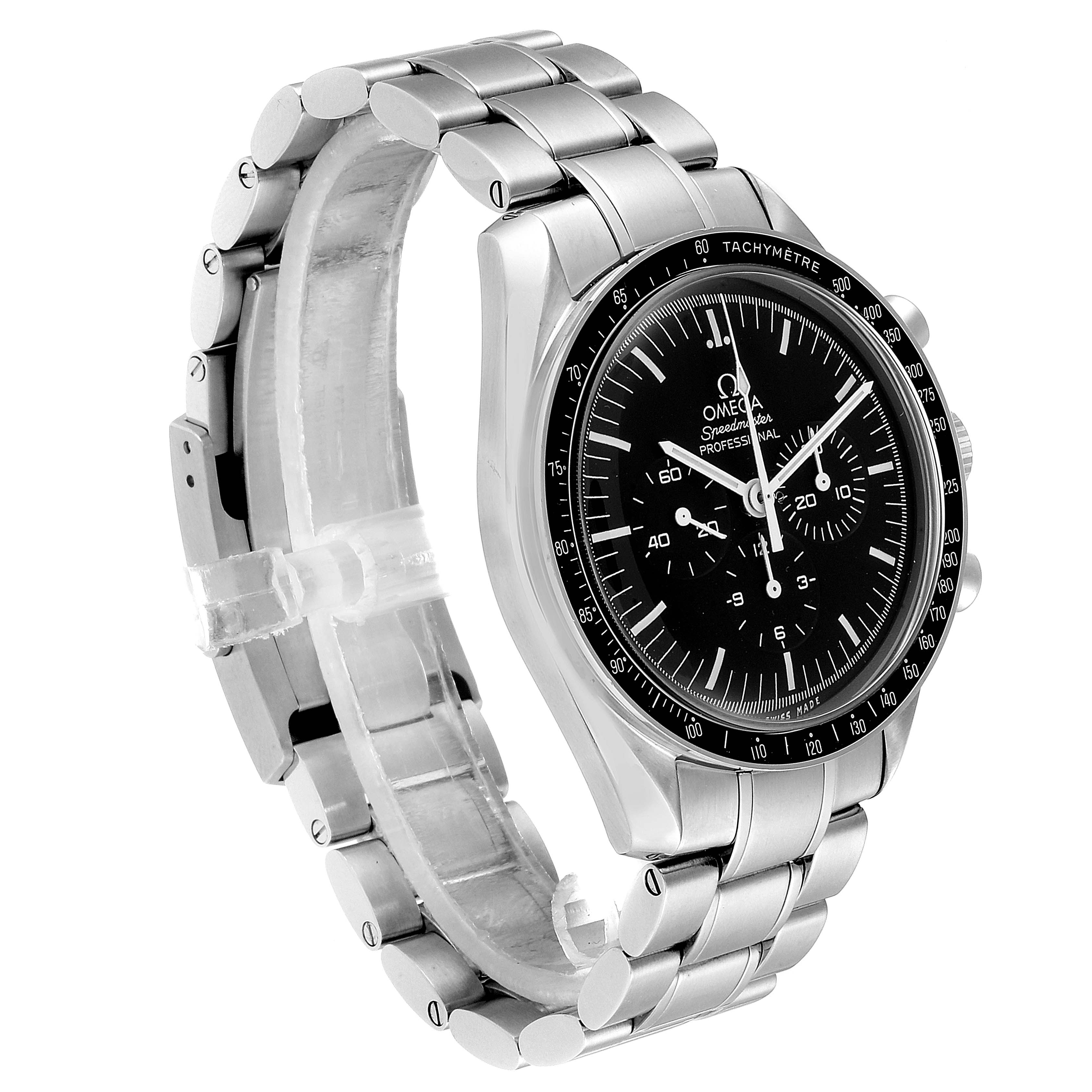 The Omega Speedmaster 311.30.42.30.01.005 Men
s Stainless Steel Black Dial 311.30.42.30.01.005 Men
s Stainless Steel Black Dial watch is shown from a three-quarter angle, depicting the face, bezel, and stainless steel bracelet.