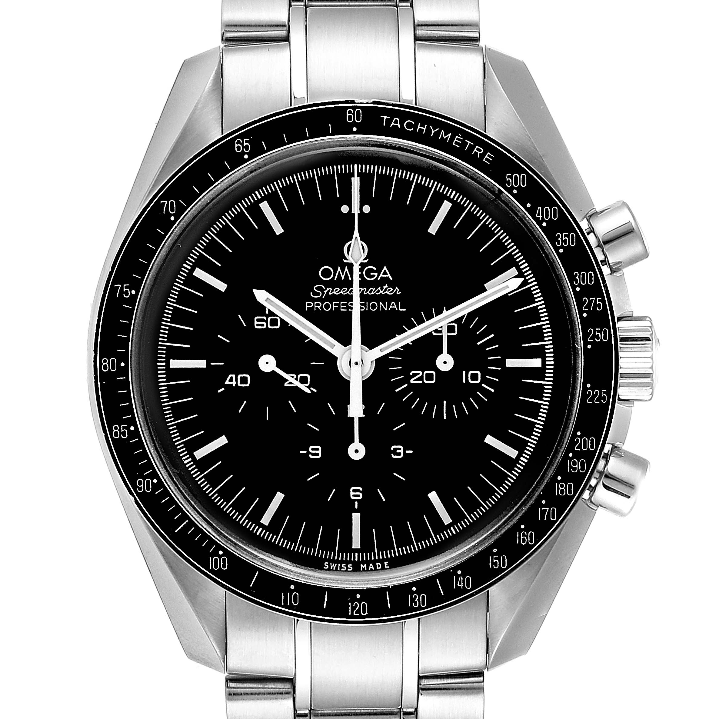This Omega Speedmaster 311.30.42.30.01.005 Men
s Stainless Steel Black Dial 311.30.42.30.01.005 Men
s Stainless Steel Black Dial watch is shown from the front, highlighting its dial, tachymeter bezel, and stainless steel bracelet.