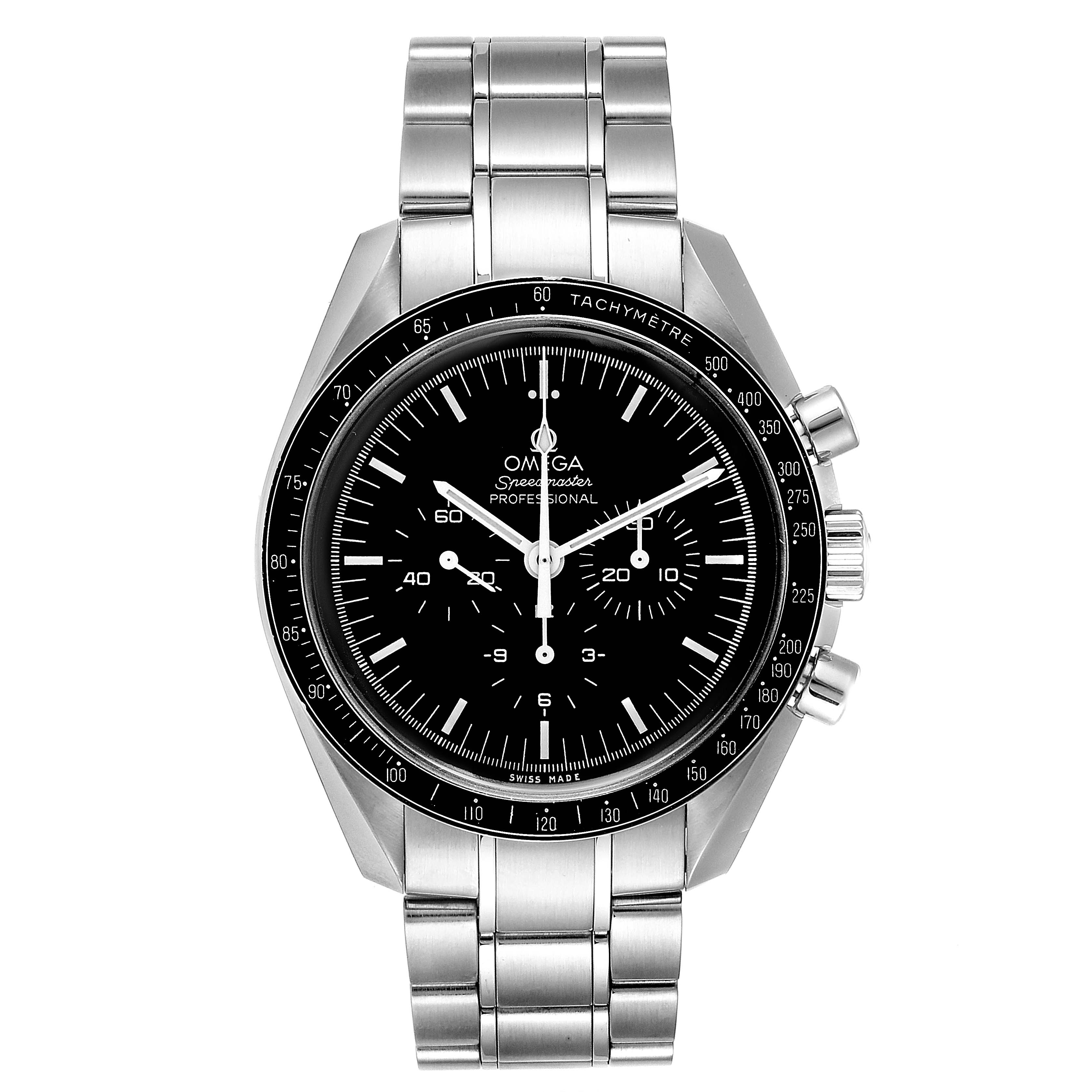 This image shows the front view of an Omega Speedmaster 311.30.42.30.01.005 Men
s Stainless Steel Black Dial 311.30.42.30.01.005 Men
s Stainless Steel Black Dial watch, highlighting the face, bezel, and bracelet.