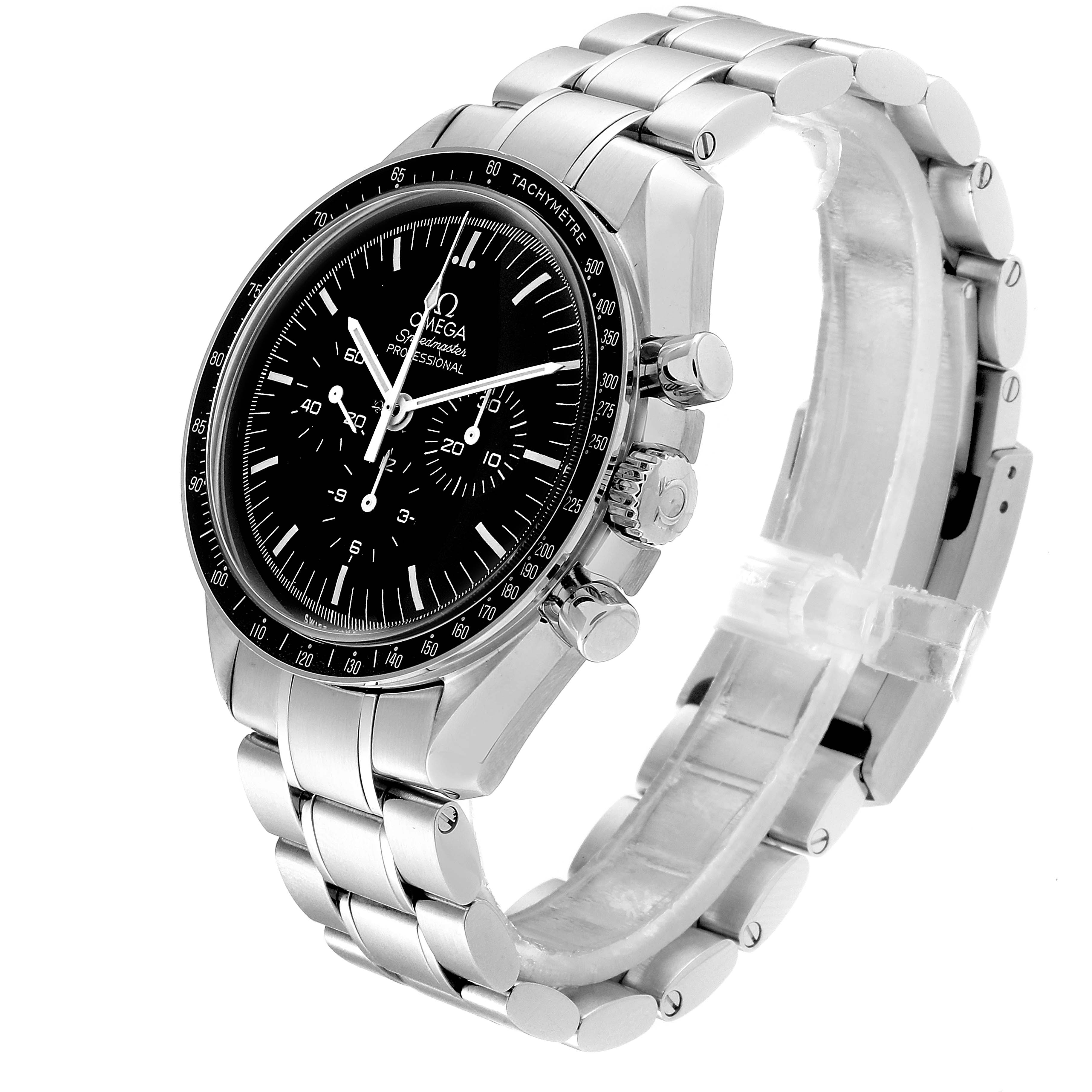 The Omega Speedmaster 311.30.42.30.01.005 Men
s Stainless Steel Black Dial 311.30.42.30.01.005 Men
s Stainless Steel Black Dial watch is shown at a three-quarter angle, displaying the bracelet, crown, bezel, and face.
