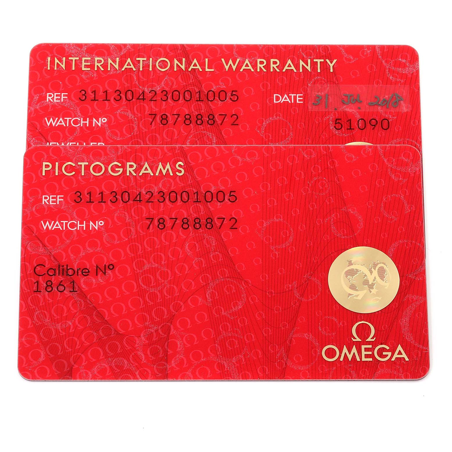 This image shows the International Warranty and Pictograms cards for the Omega Speedmaster 311.30.42.30.01.005 Men
s Stainless Steel Black Dial 311.30.42.30.01.005 Men
s Stainless Steel Black Dial model.