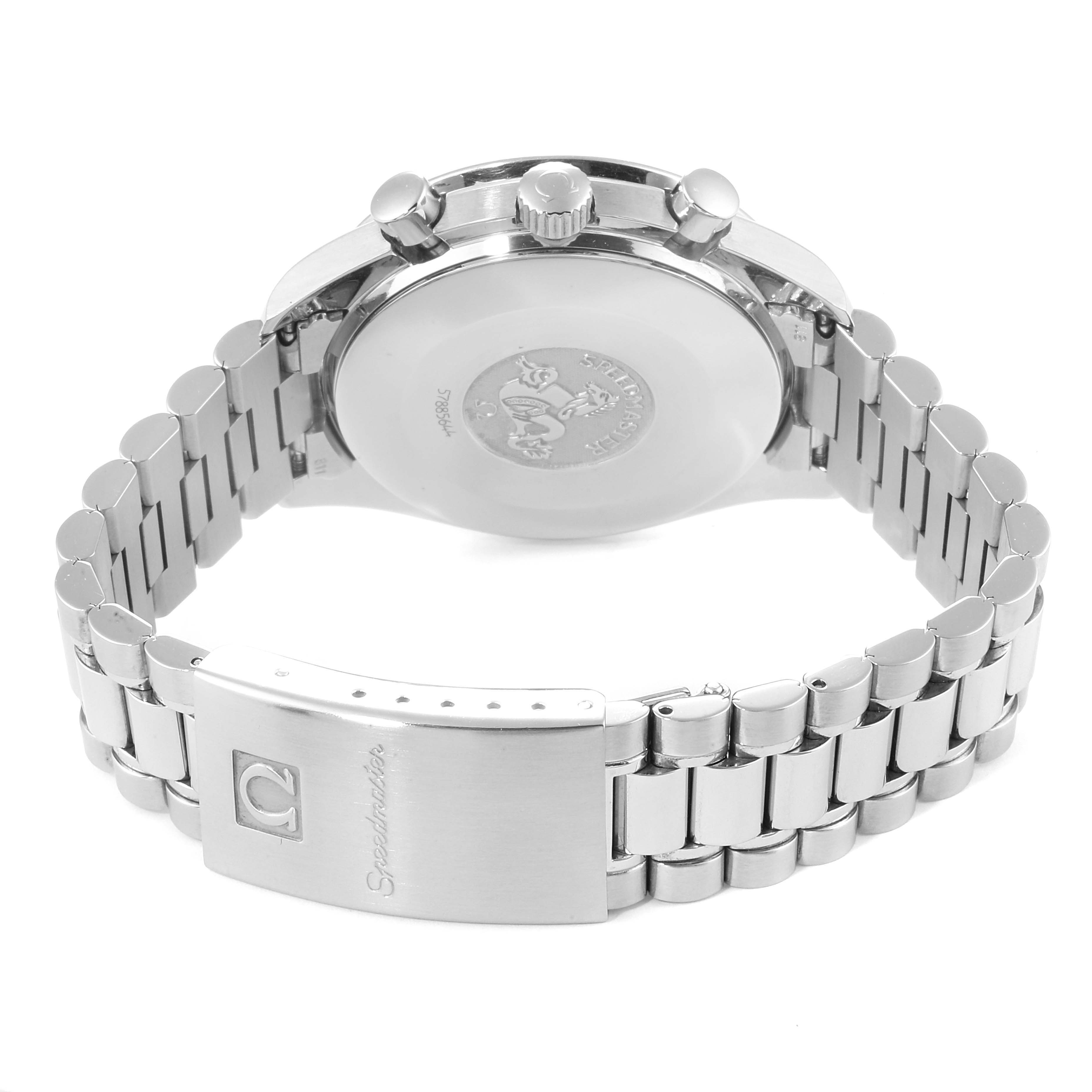 The image shows the back angle of the Omega Speedmaster 3510.50.00 Men
s Stainless Steel Black Dial 3510.50.00 Men
s Stainless Steel Black Dial watch, highlighting its bracelet and deployment clasp.