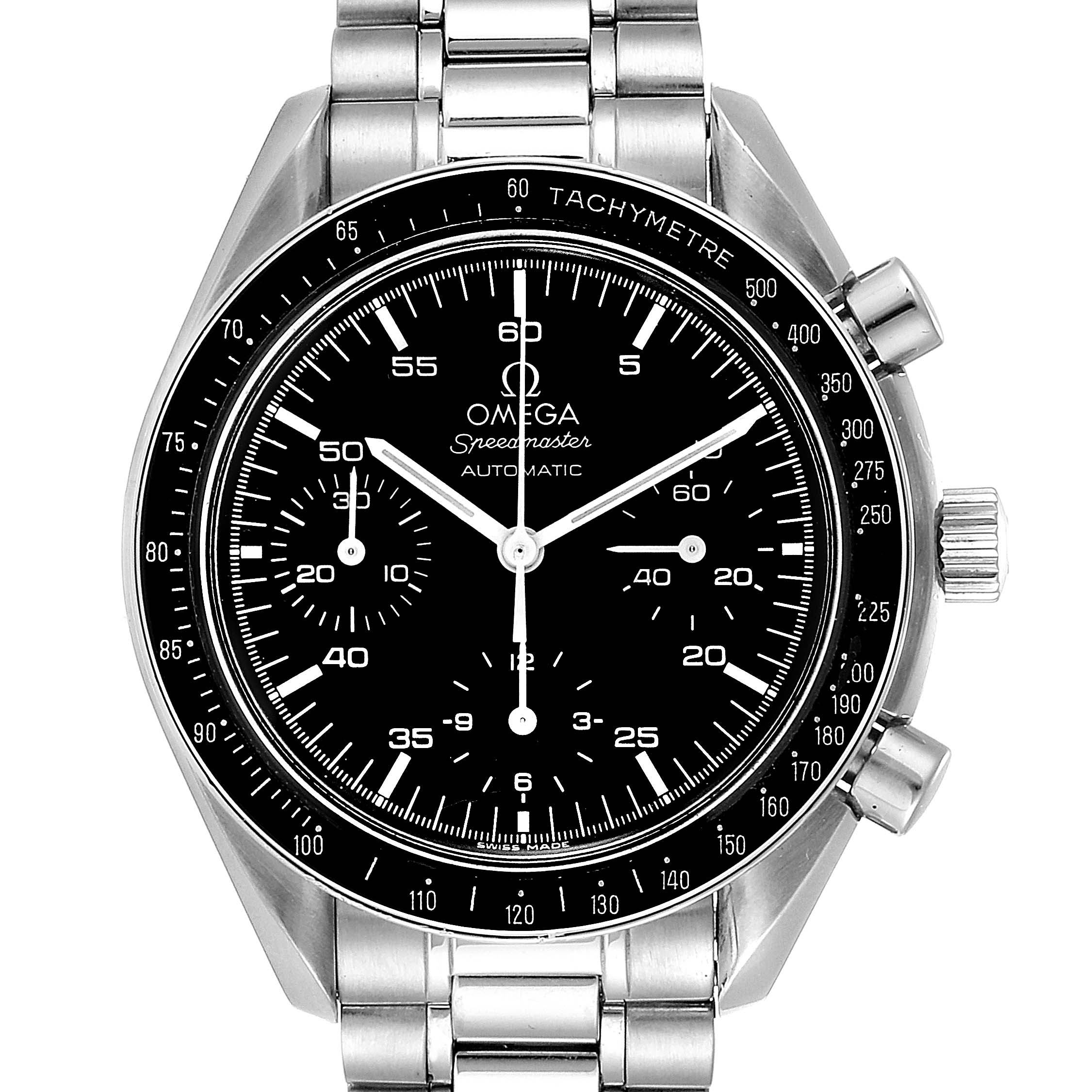 The image shows a front view of the Omega Speedmaster 3510.50.00 Men
s Stainless Steel Black Dial 3510.50.00 Men
s Stainless Steel Black Dial watch, highlighting its black dial, chronograph subdials, and stainless steel bracelet.