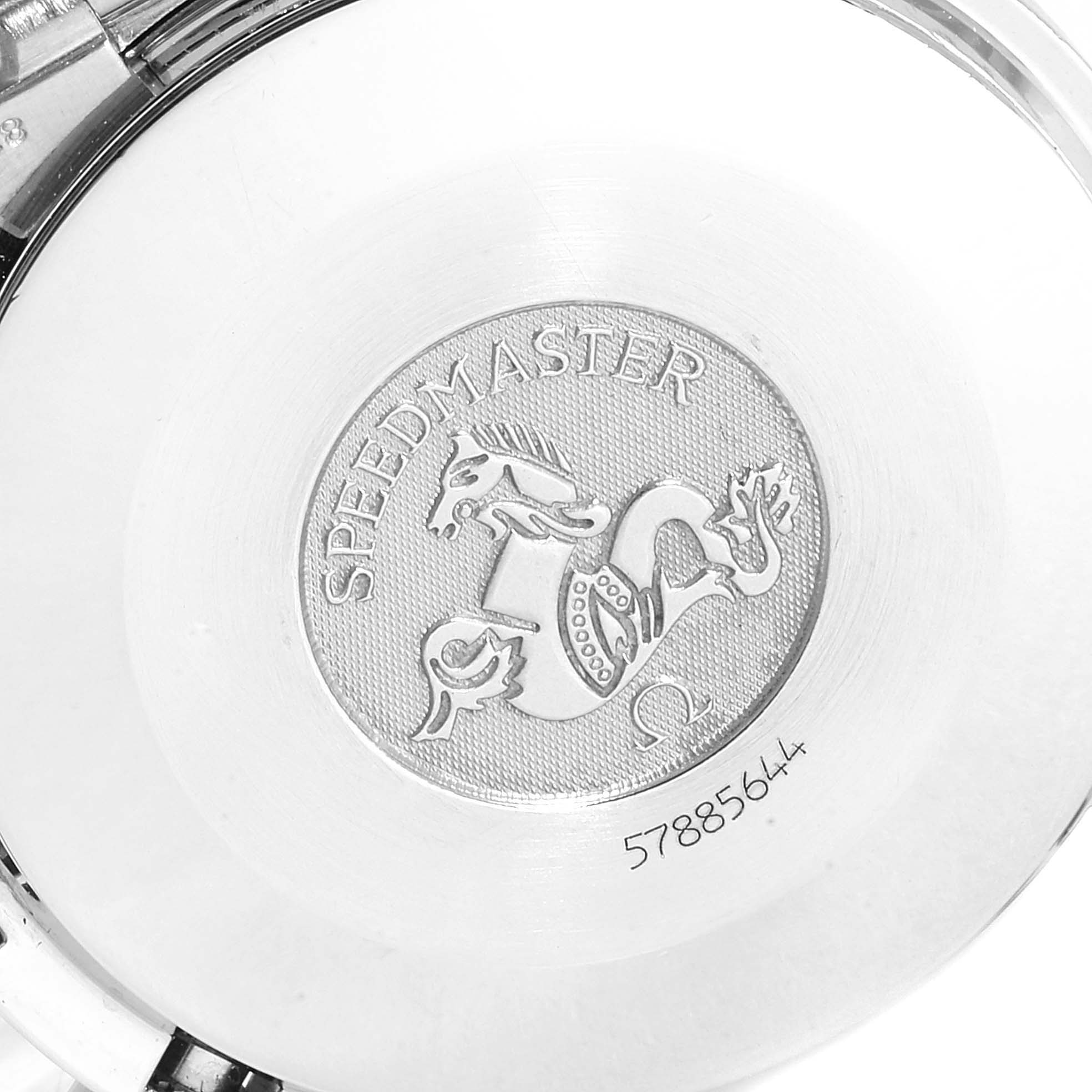 This image shows the back case of an Omega Speedmaster 3510.50.00 Men
s Stainless Steel Black Dial 3510.50.00 Men
s Stainless Steel Black Dial watch, featuring its emblem and engraved branding.