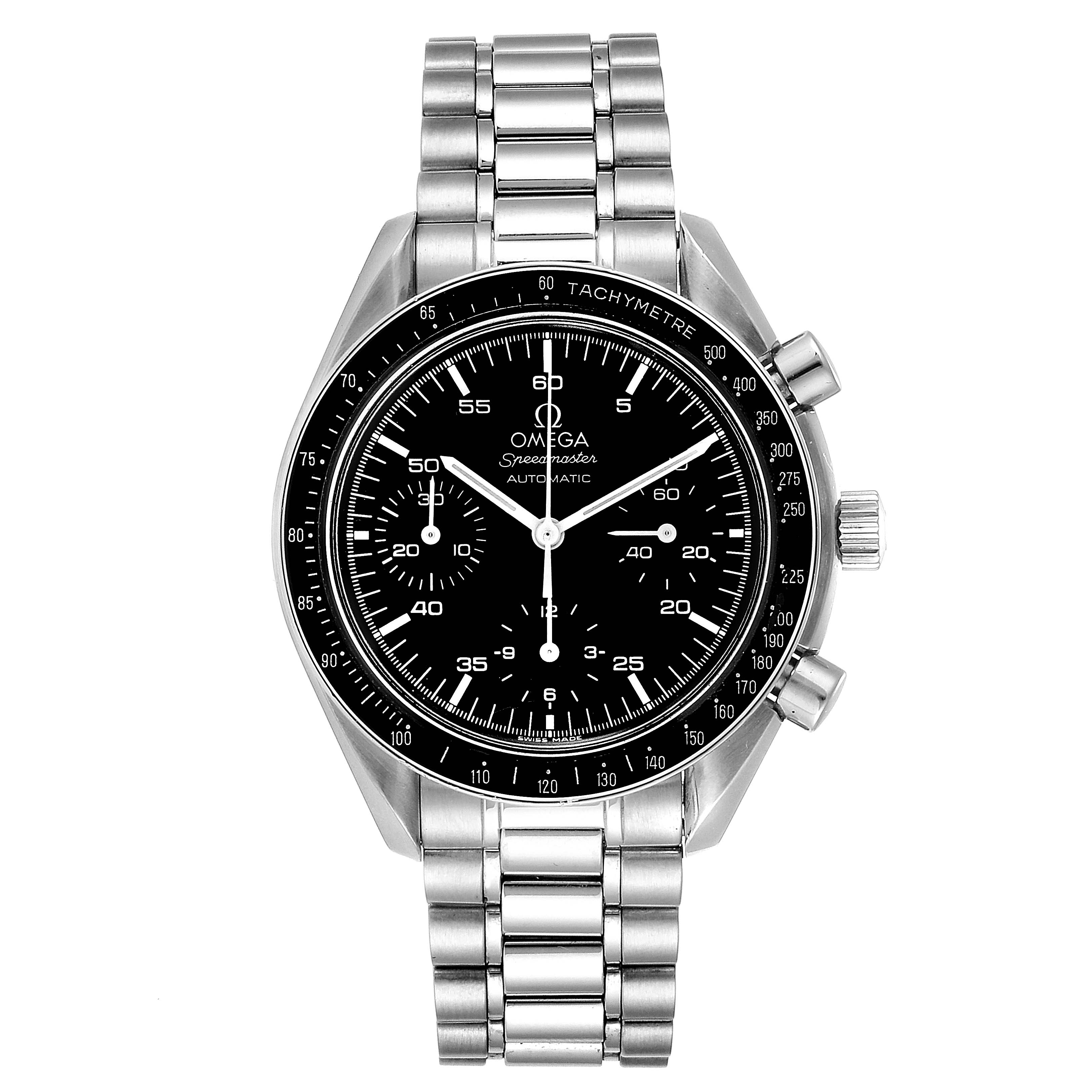 This image shows a front view of the Omega Speedmaster 3510.50.00 Men
s Stainless Steel Black Dial 3510.50.00 Men
s Stainless Steel Black Dial watch, featuring its dial, bezel, push buttons, and bracelet.