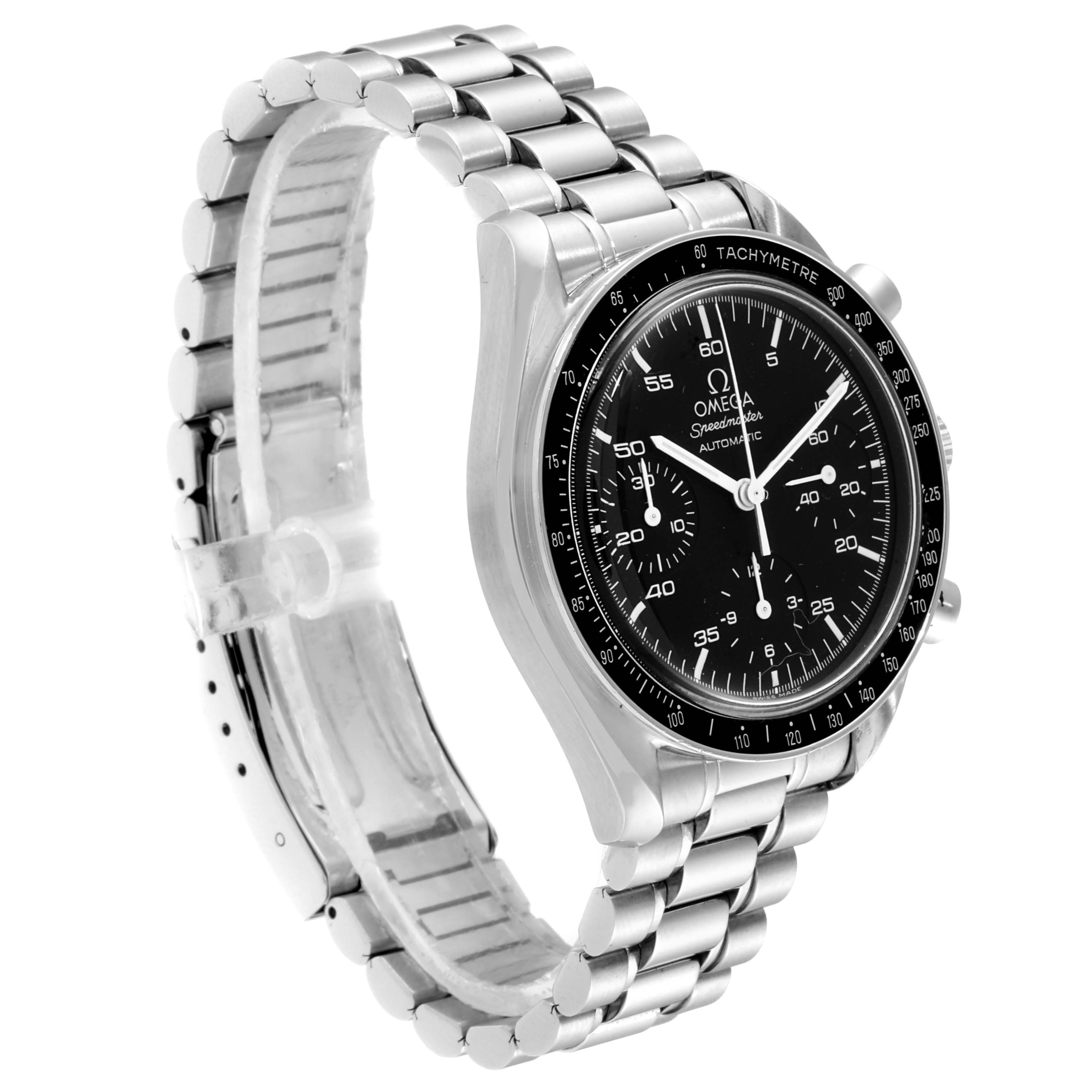 The image shows an angled view of the Omega Speedmaster 3510.50.00 Men
s Stainless Steel Black Dial 3510.50.00 Men
s Stainless Steel Black Dial watch, highlighting its dial, bezel, and metal bracelet.