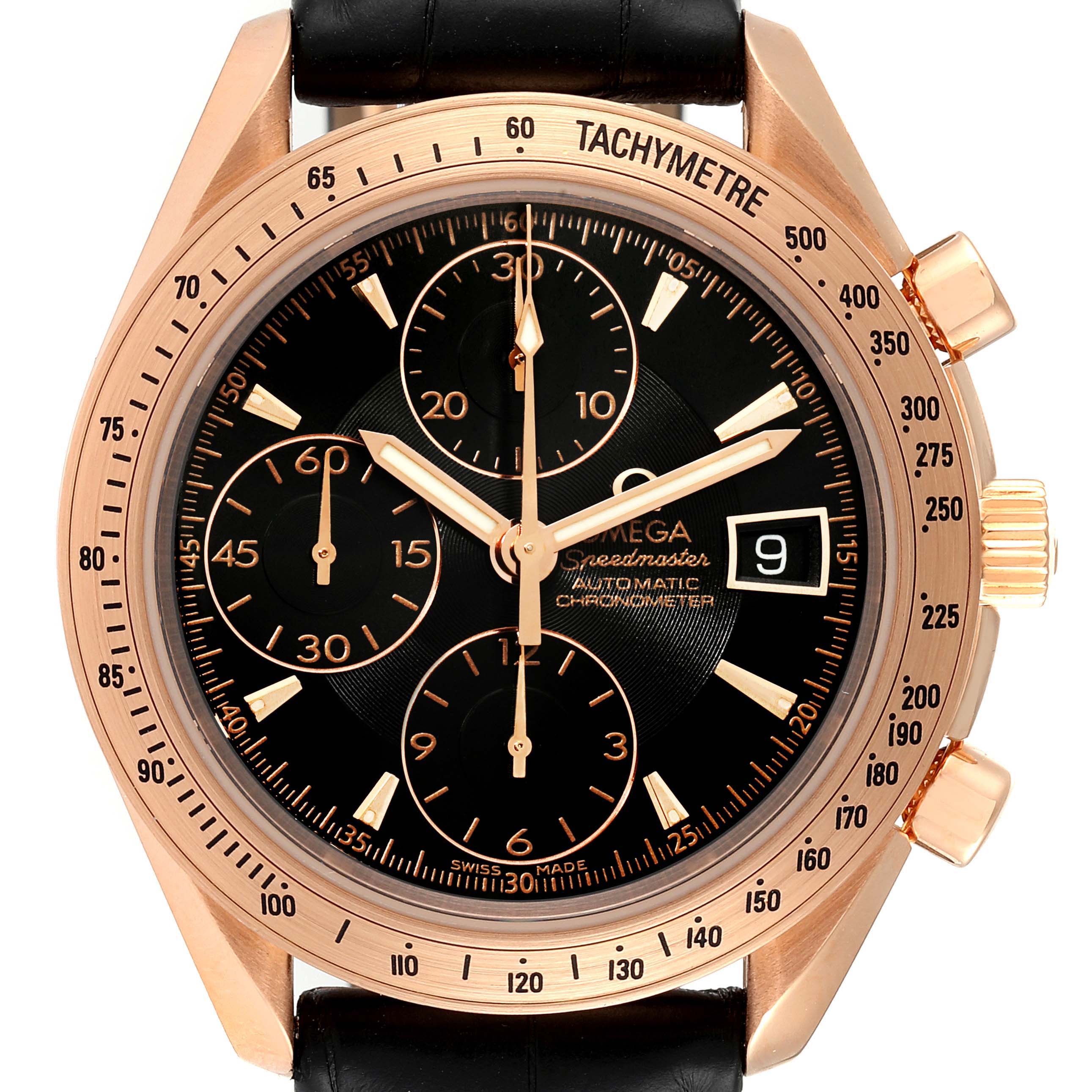 This image shows a front view of the Omega Speedmaster 323.53.40.40.01.001 Men's Rose Gold Black Dial 323.53.40.40.01.001 Men's Rose Gold Black Dial watch, highlighting its dial, chronograph sub-dials, tachymeter bezel, and date window.
