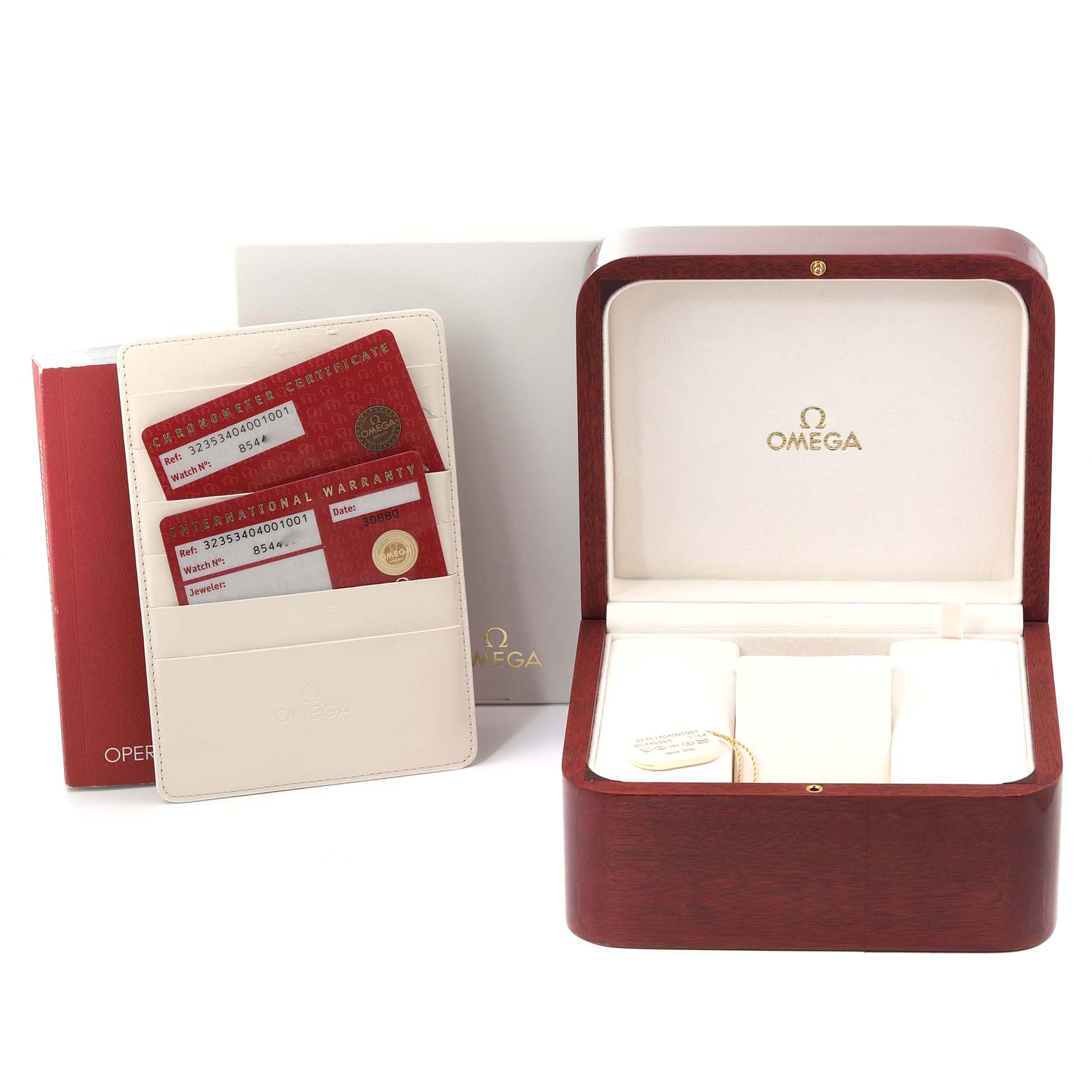 The image shows the box, warranty cards, and other accessories of an Omega Speedmaster 323.53.40.40.01.001 Men's Rose Gold Black Dial 323.53.40.40.01.001 Men's Rose Gold Black Dial watch.