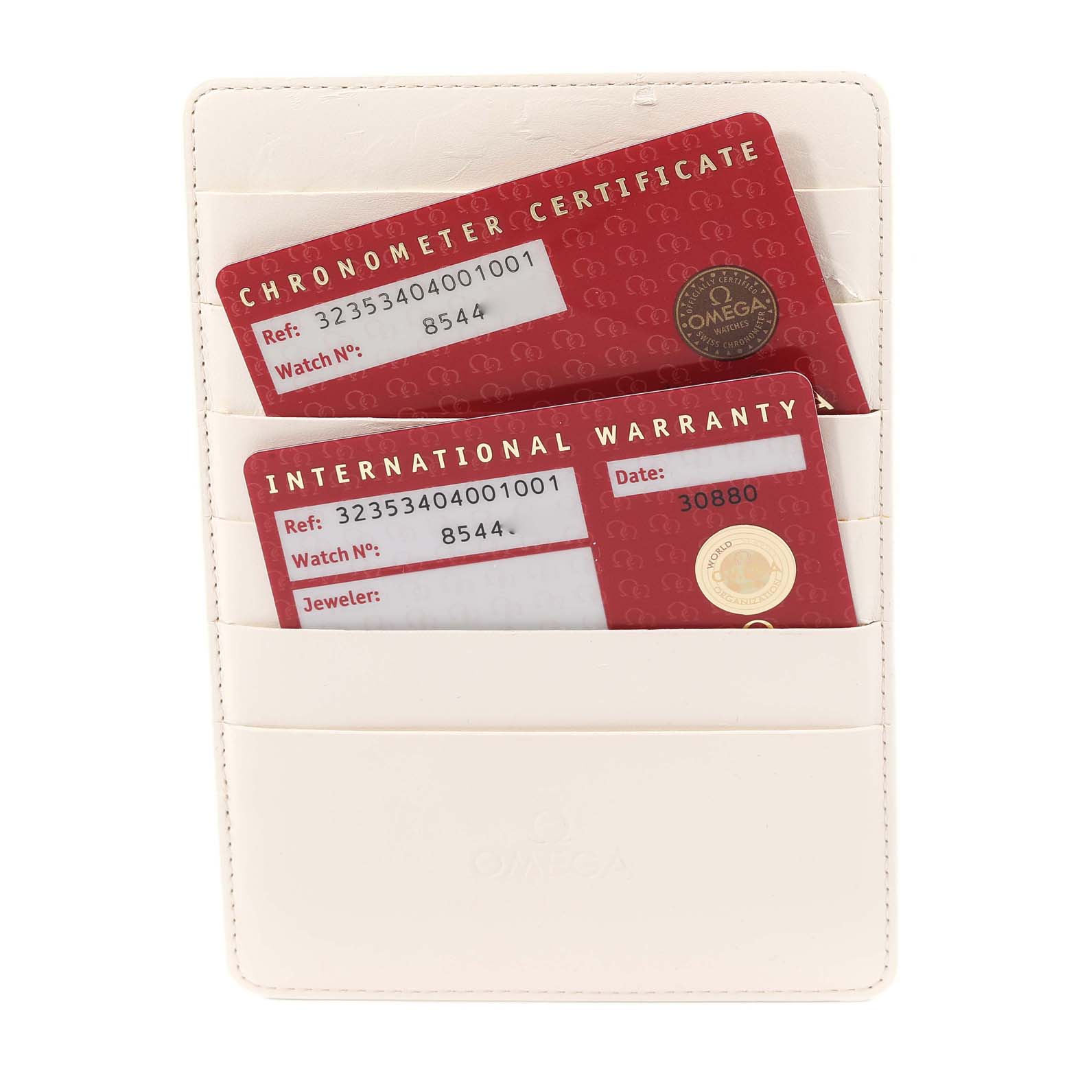 The image shows the Chronometer Certificate and International Warranty cards for the Omega Speedmaster 323.53.40.40.01.001 Men's Rose Gold Black Dial 323.53.40.40.01.001 Men's Rose Gold Black Dial model.