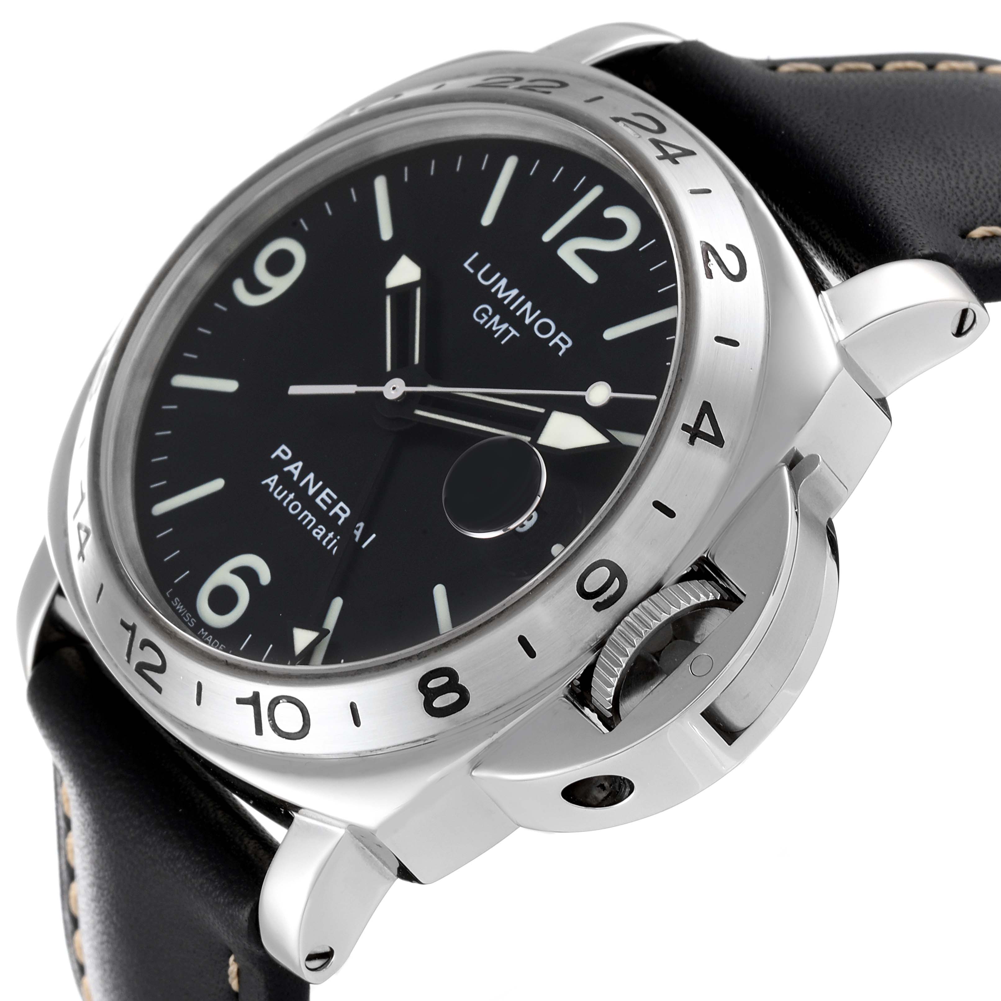 The image shows a Panerai Luminor PAM00023 Men
s Stainless Steel Black Dial PAM00023 Men
s Stainless Steel Black Dial GMT watch at an angle highlighting the dial, bezel, crown, and part of the leather strap.