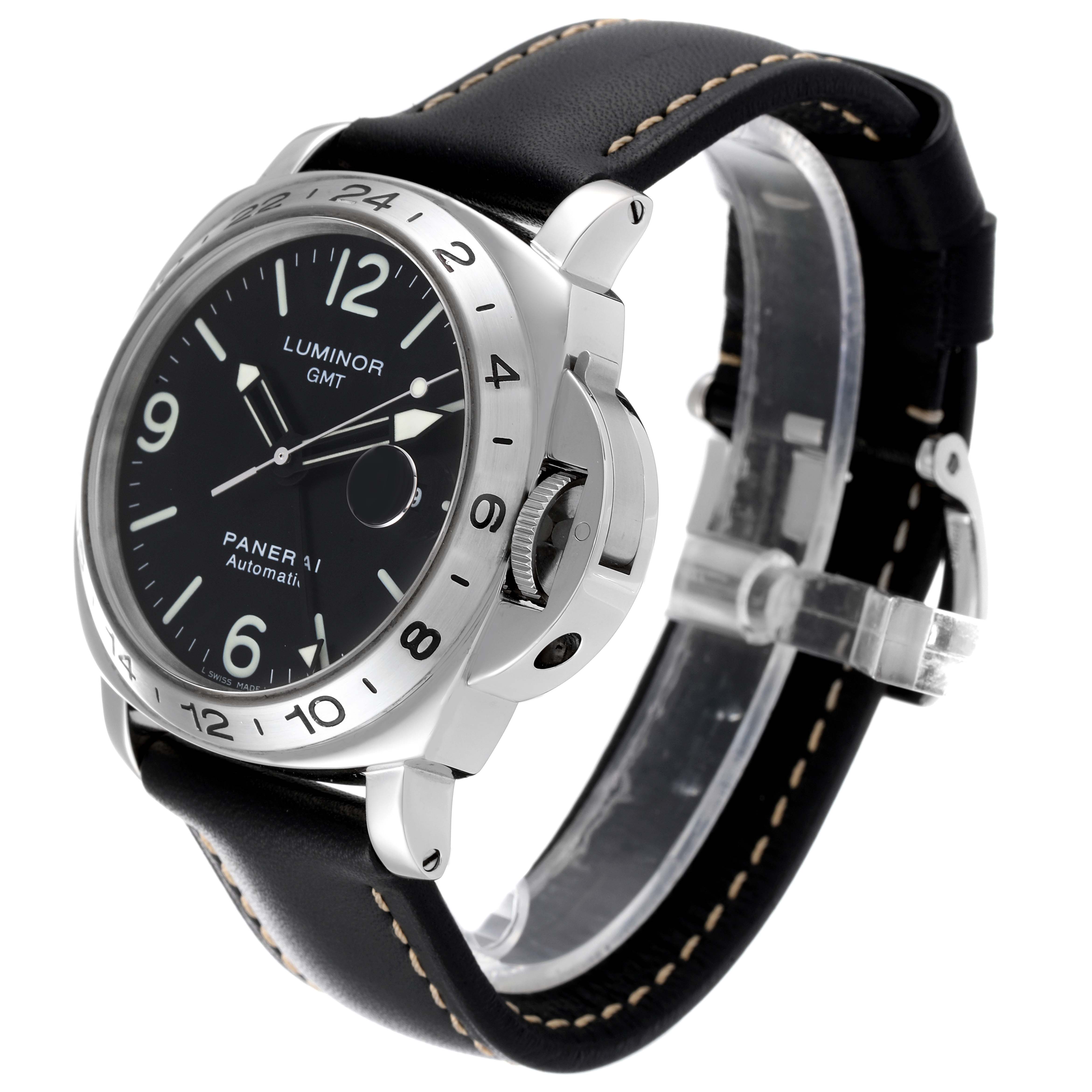 This image shows a Panerai Luminor PAM00023 Men
s Stainless Steel Black Dial PAM00023 Men
s Stainless Steel Black Dial GMT watch from a front angle, highlighting the dial, case, and strap.
