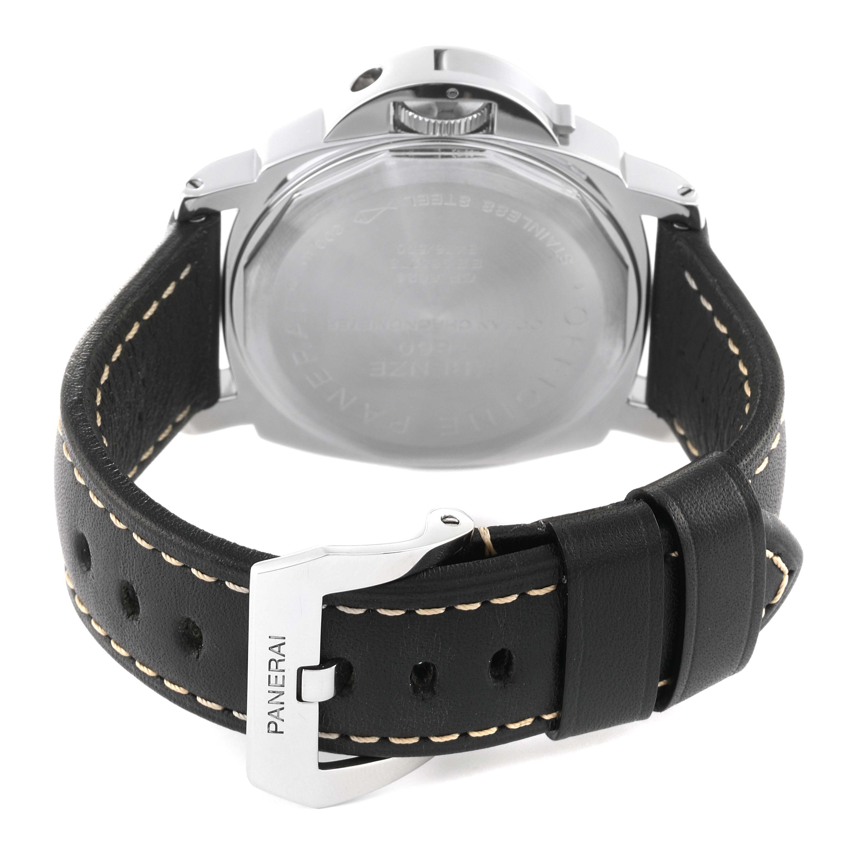 The image shows the back view of a Panerai Luminor PAM00023 Men
s Stainless Steel Black Dial PAM00023 Men
s Stainless Steel Black Dial watch, displaying the case back, crown, and leather strap with the Panerai-branded buckle.