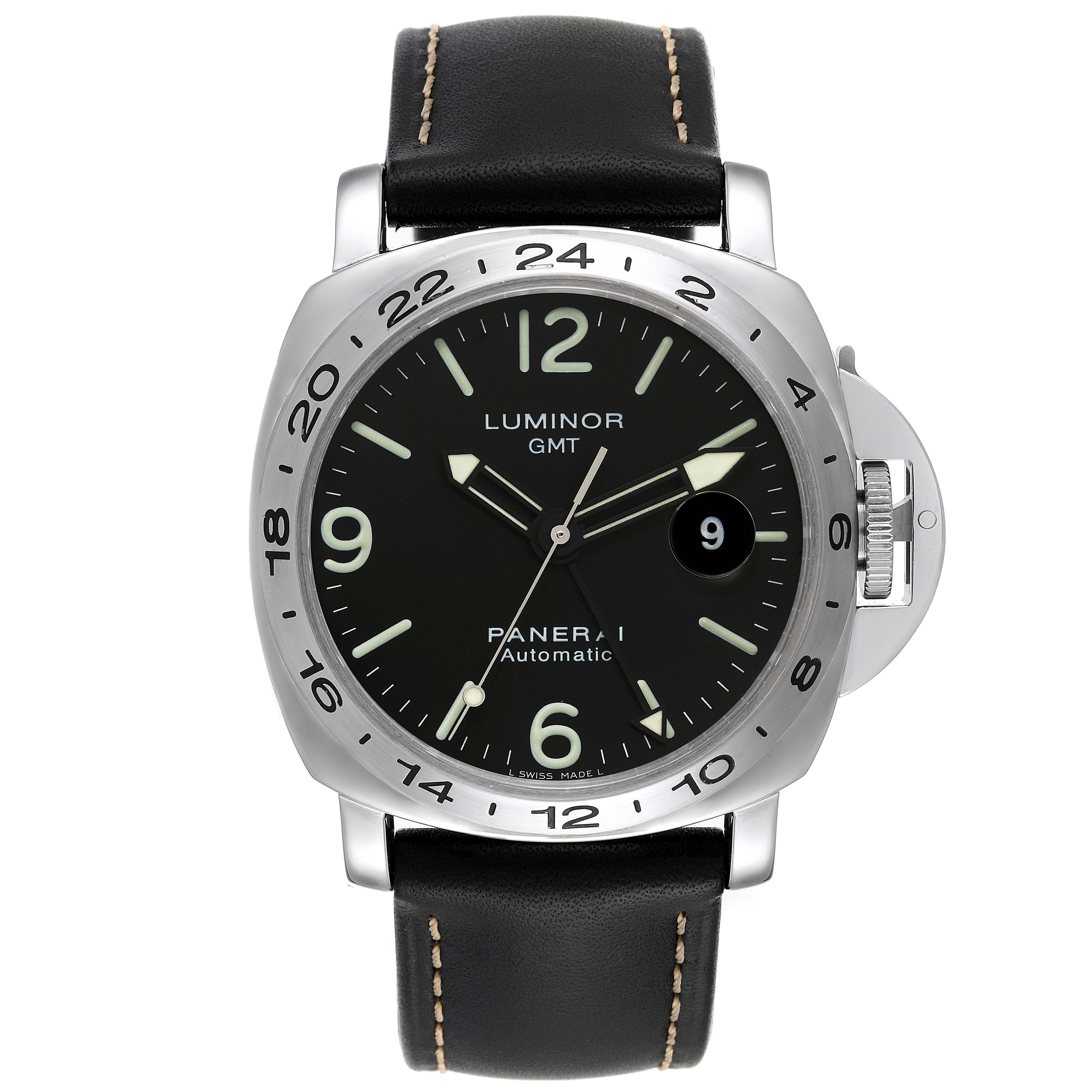 This image shows a front view of a Panerai Luminor PAM00023 Men
s Stainless Steel Black Dial PAM00023 Men
s Stainless Steel Black Dial GMT watch, featuring a black dial, date window, and black leather strap.