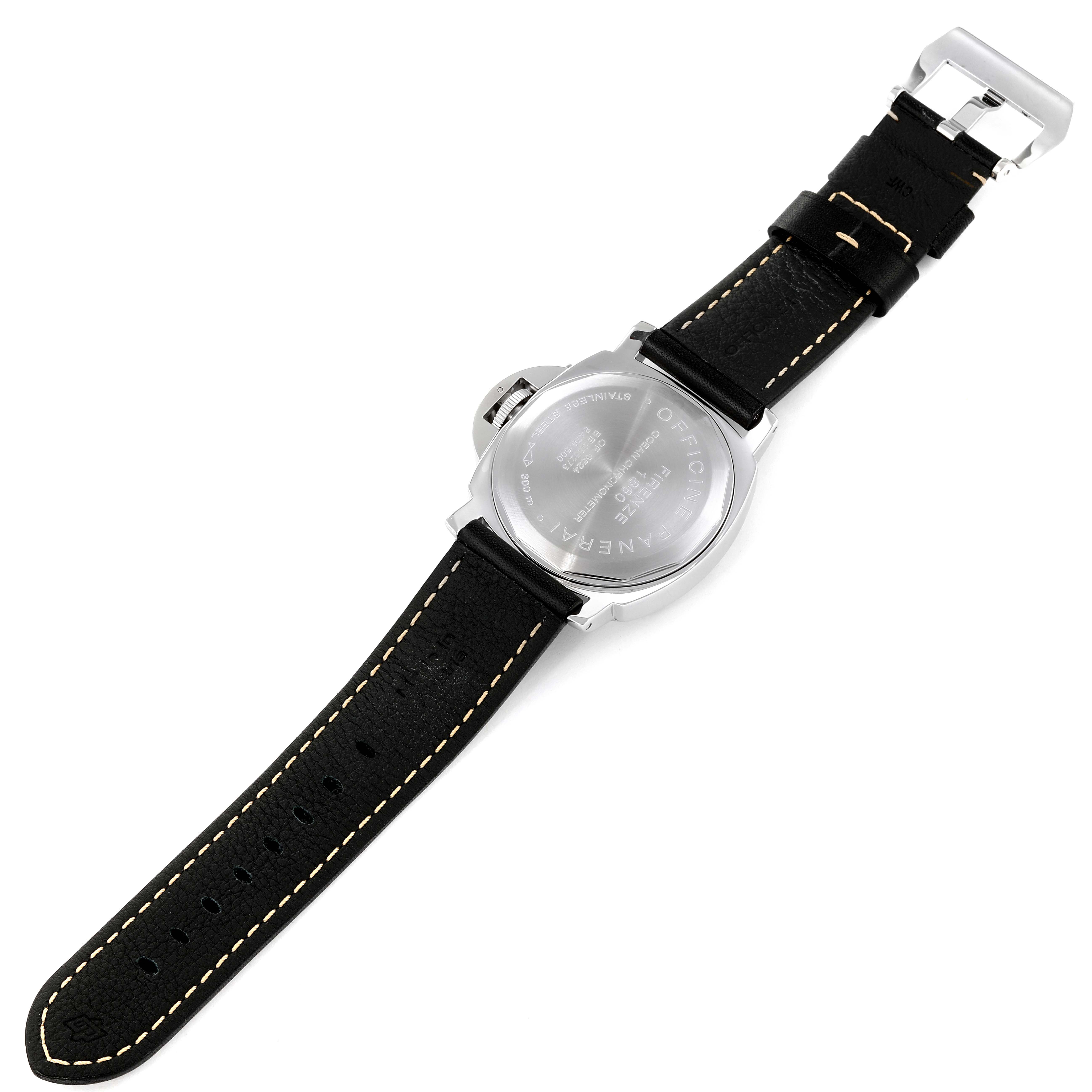 The image shows the back view of a Panerai Luminor PAM00023 Men
s Stainless Steel Black Dial PAM00023 Men
s Stainless Steel Black Dial watch, including the case back and black leather strap with stitching.