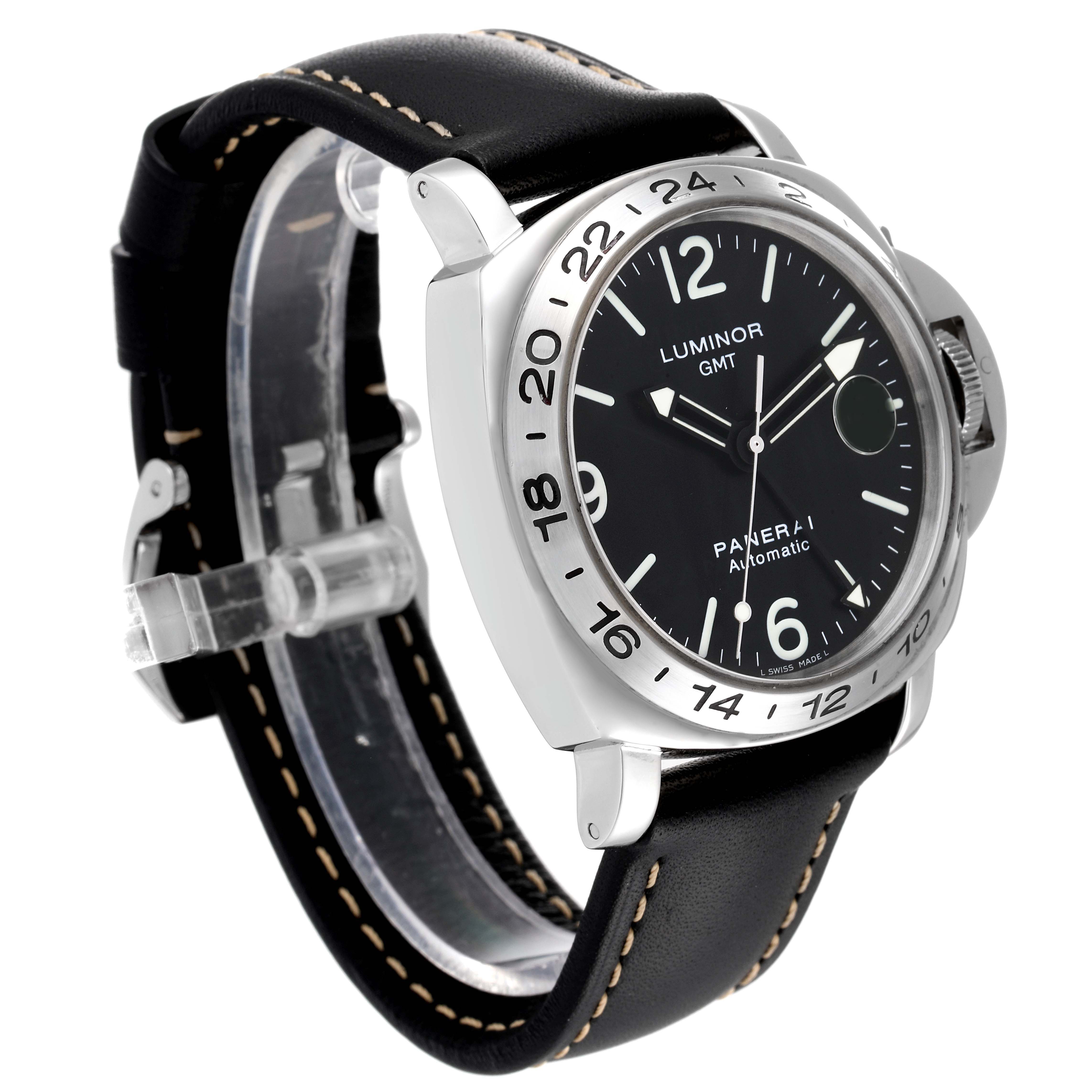 The image shows a side angle of the Panerai Luminor PAM00023 Men
s Stainless Steel Black Dial PAM00023 Men
s Stainless Steel Black Dial GMT watch, highlighting its black leather strap and bezel.