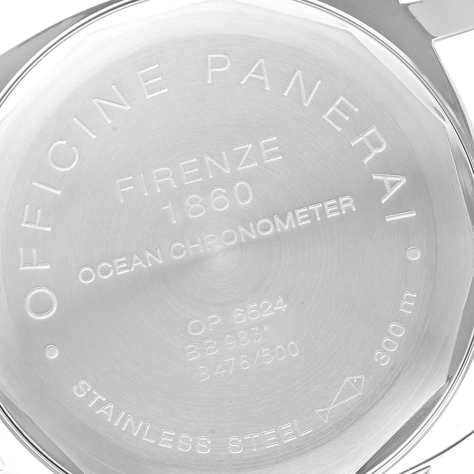 The image shows the back case of a Panerai Luminor PAM00023 Men
s Stainless Steel Black Dial PAM00023 Men
s Stainless Steel Black Dial watch with engraved details about the model and specifications.