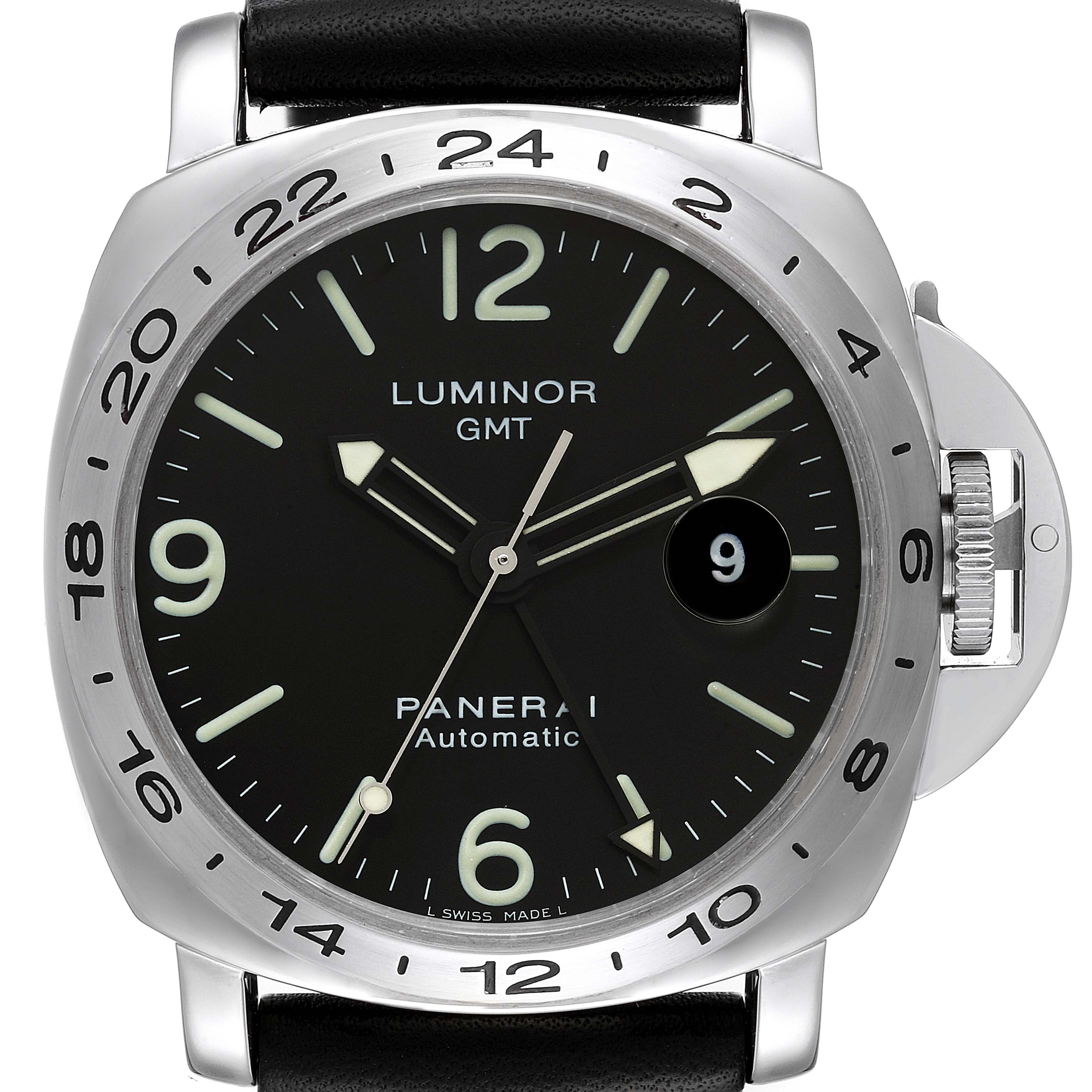 The image shows a front view of the Panerai Luminor PAM00023 Men
s Stainless Steel Black Dial PAM00023 Men
s Stainless Steel Black Dial GMT watch, highlighting its black dial, luminous markers, and date magnifier.