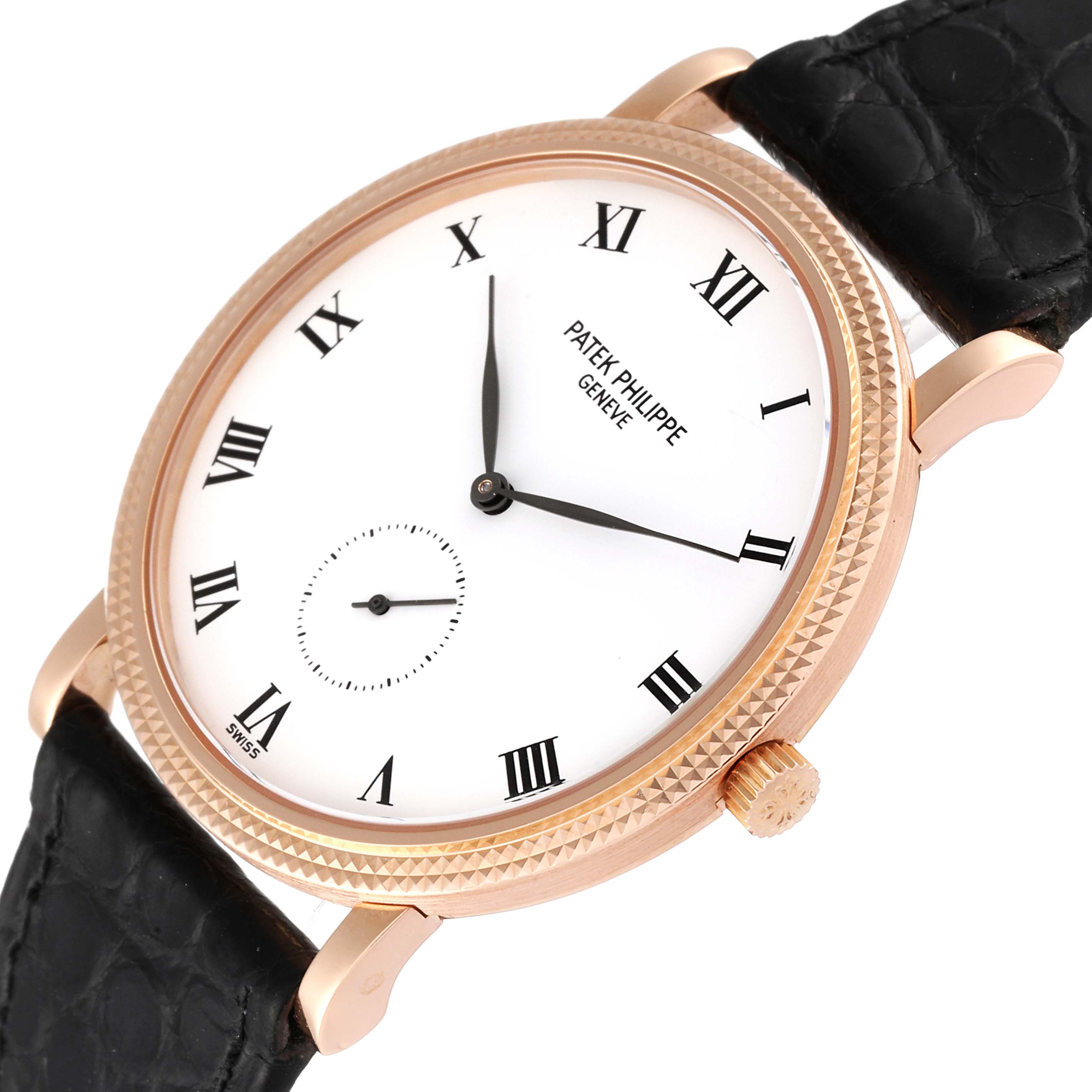 This Patek Philippe Calatrava 3919R Men's Rose Gold White Dial 3919R Men's Rose Gold White Dial watch is shown at an angle displaying the face, bezel, crown, and part of the leather strap.