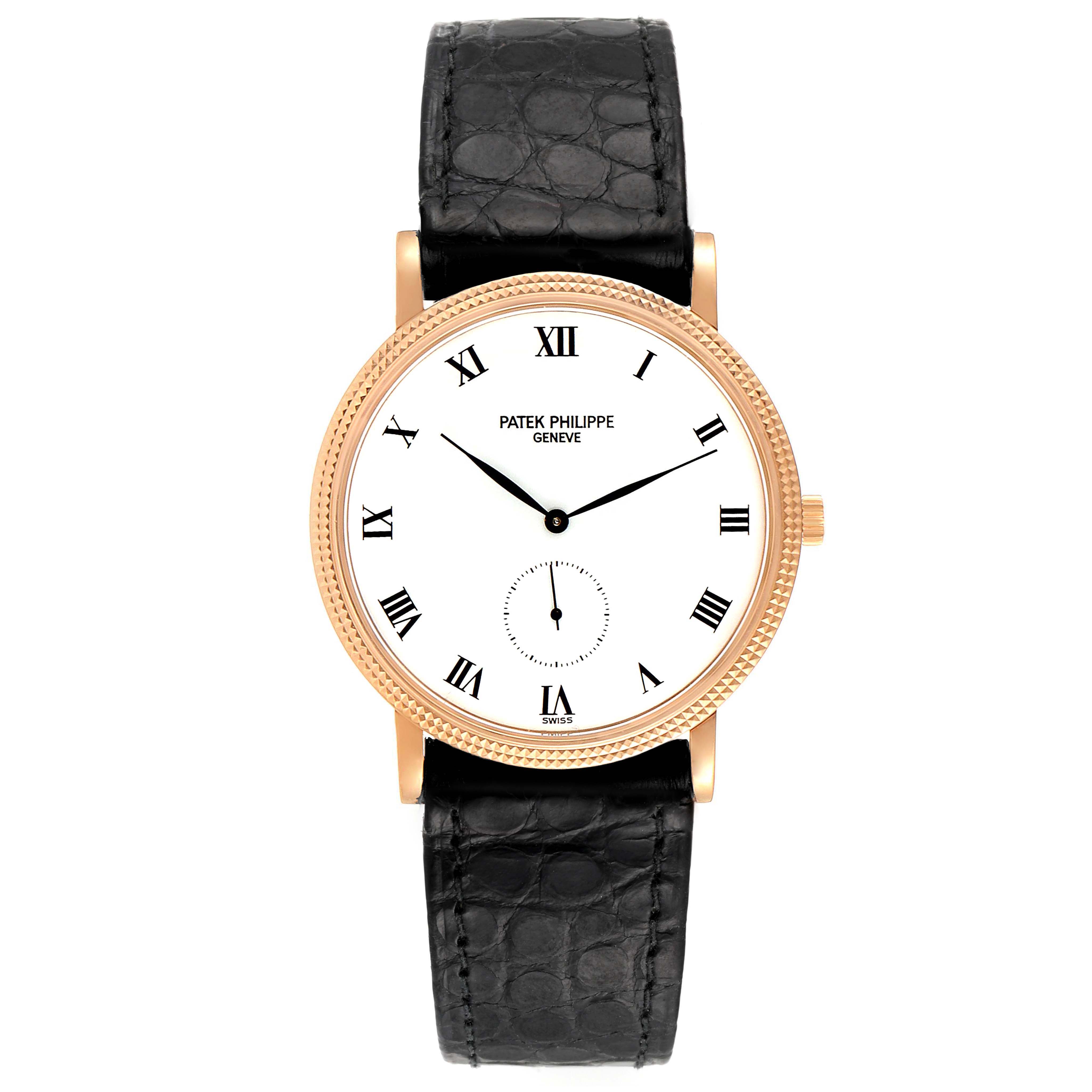 This image shows a front view of the Patek Philippe Calatrava 3919R Men's Rose Gold White Dial 3919R Men's Rose Gold White Dial watch with a white dial, Roman numerals, and a black leather strap.