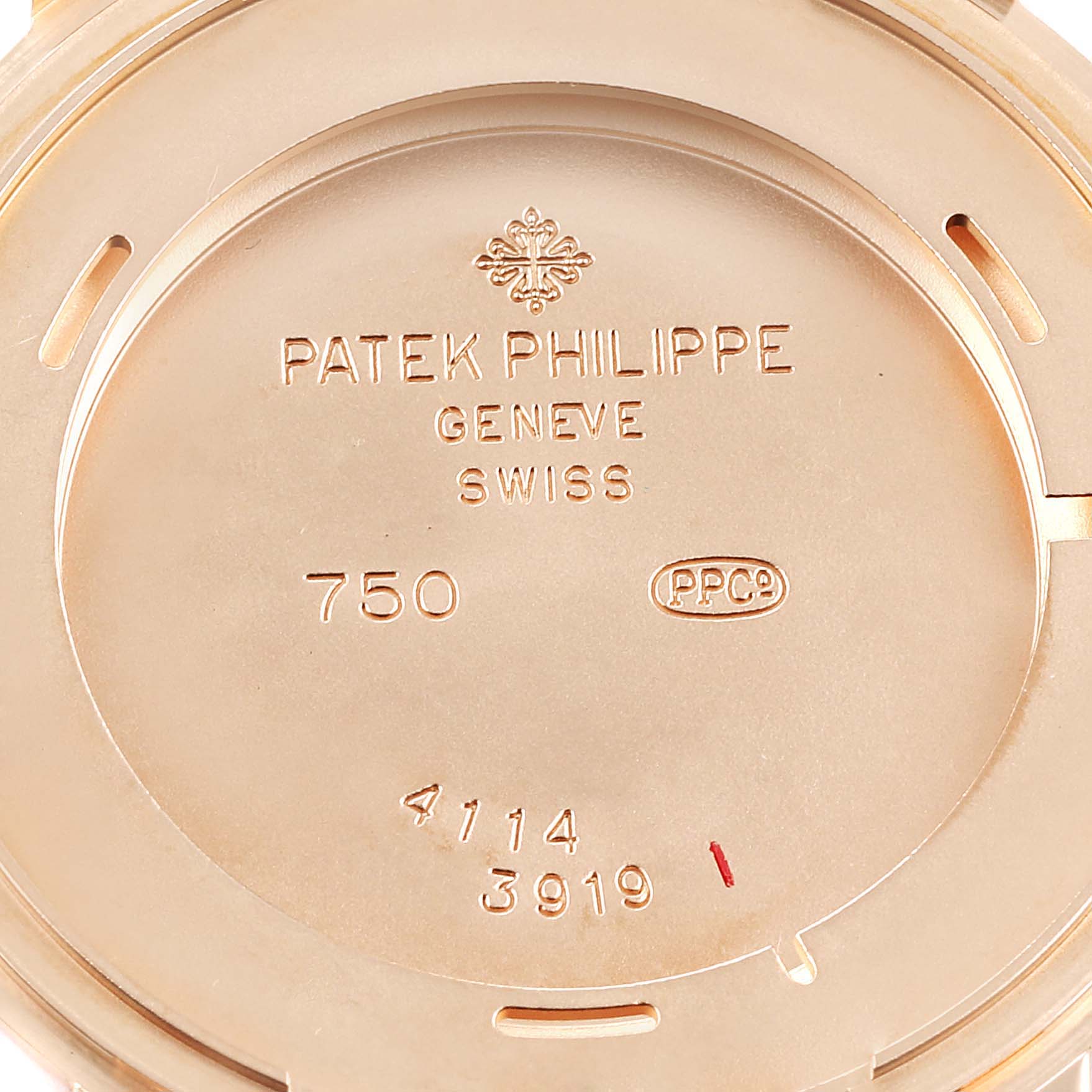 The image shows the inside case back of a Patek Philippe Calatrava 3919R Men's Rose Gold White Dial 3919R Men's Rose Gold White Dial watch, model number 3919.