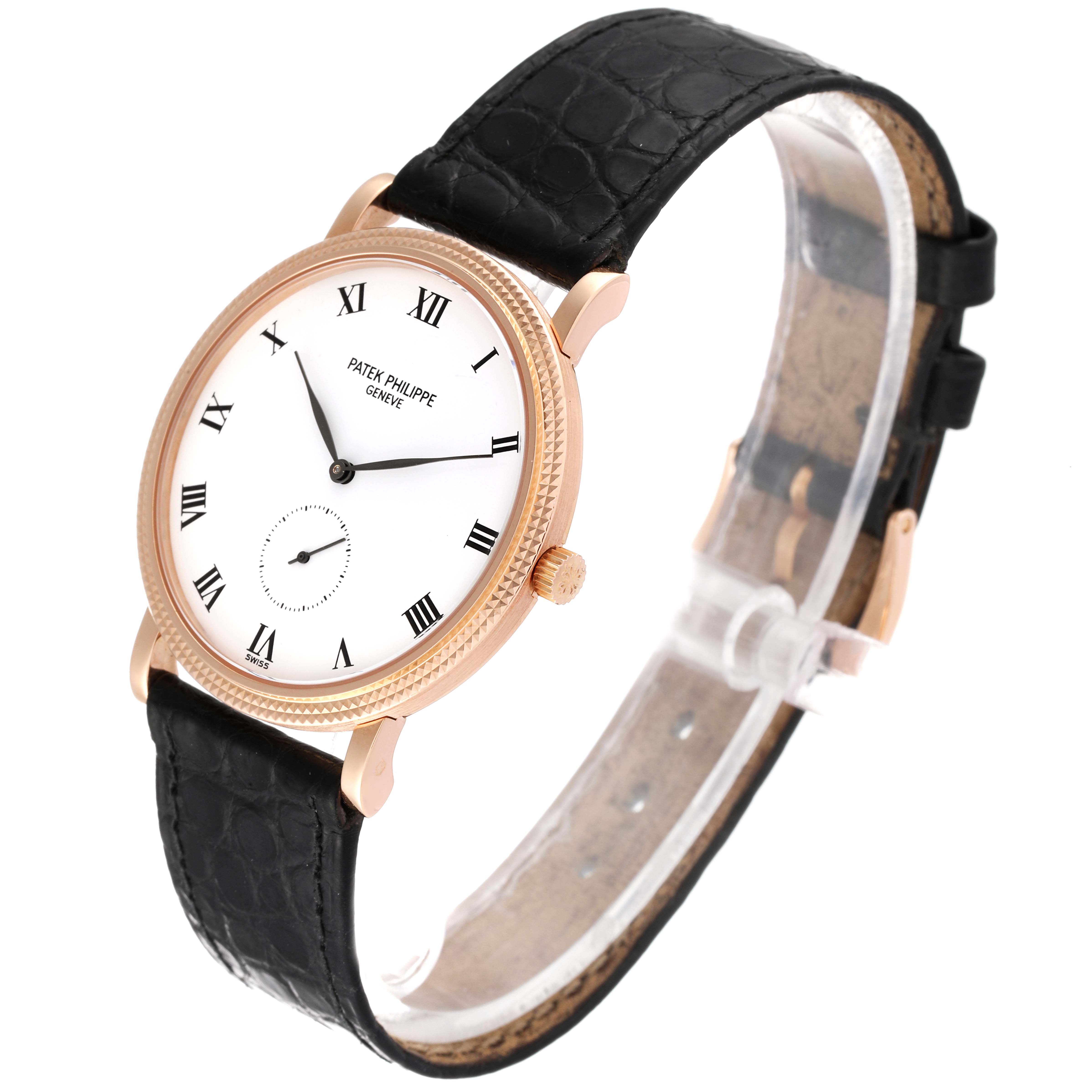The Patek Philippe Calatrava 3919R Men's Rose Gold White Dial 3919R Men's Rose Gold White Dial watch is shown at a slight angle, highlighting the dial, bezel, crown, and black leather strap.