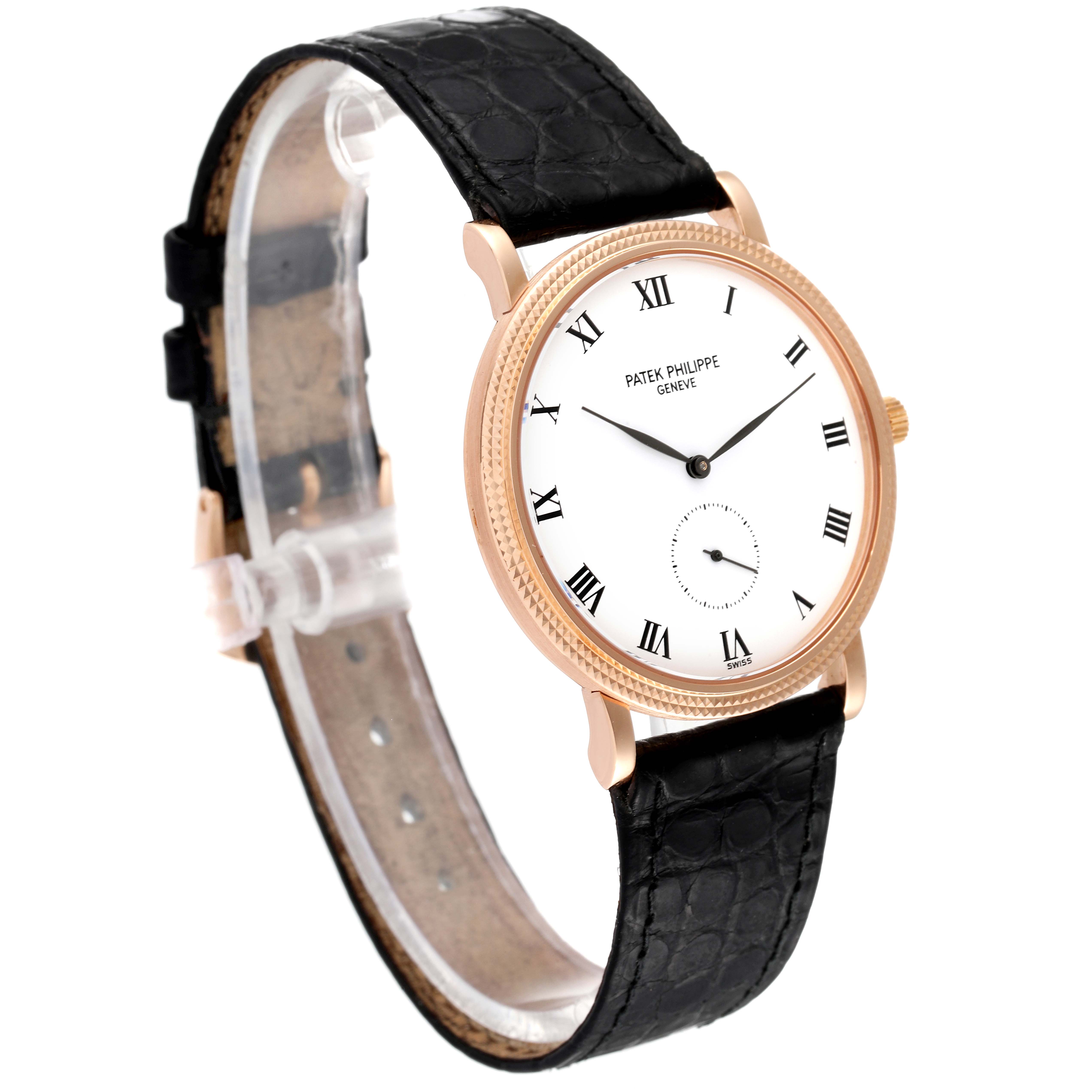 The image shows a Patek Philippe Calatrava 3919R Men's Rose Gold White Dial 3919R Men's Rose Gold White Dial watch at a slight angle, highlighting the dial, bezel, and strap.
