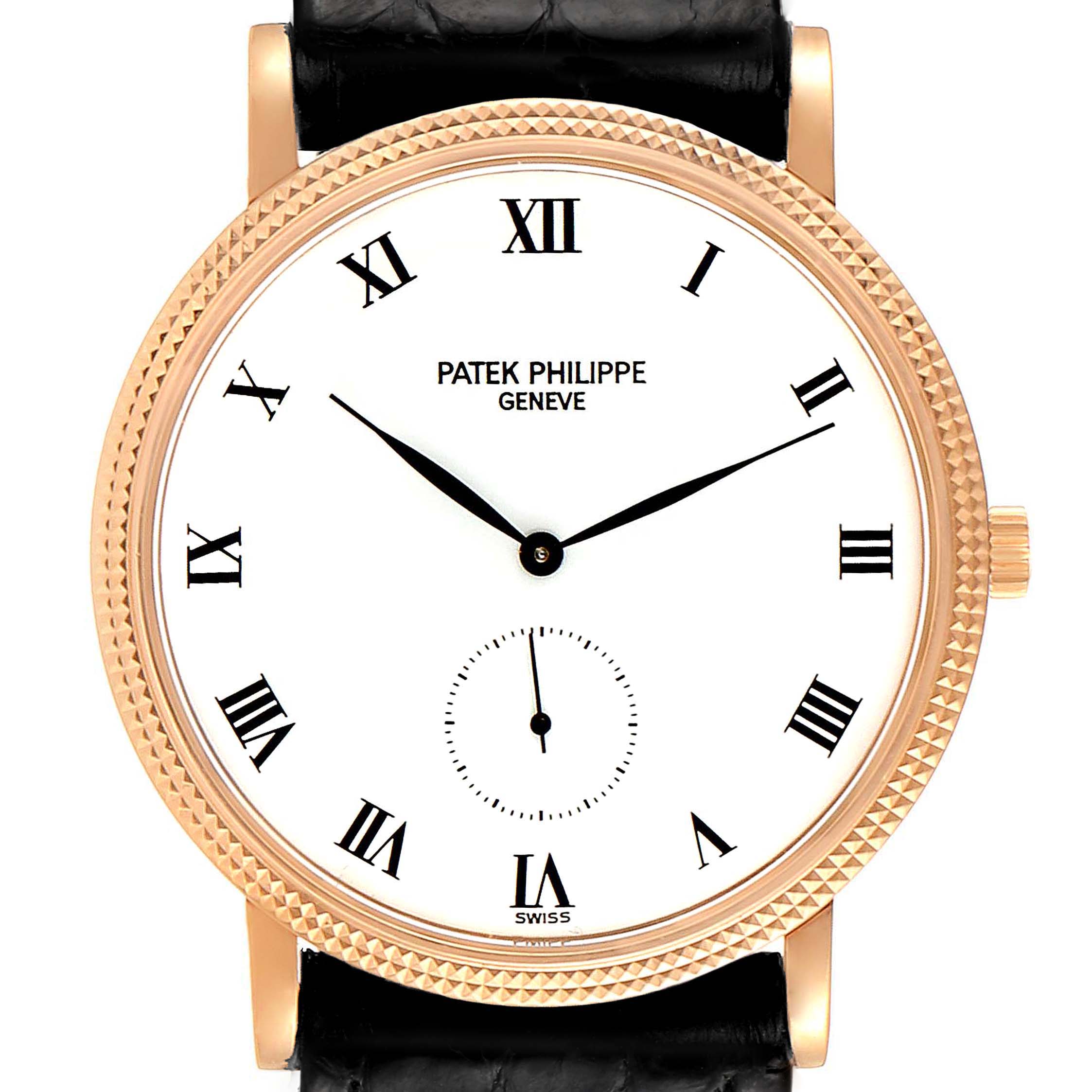 The image shows a head-on view of a Patek Philippe Calatrava 3919R Men's Rose Gold White Dial 3919R Men's Rose Gold White Dial watch, displaying the dial, hands, indices, and part of the strap.