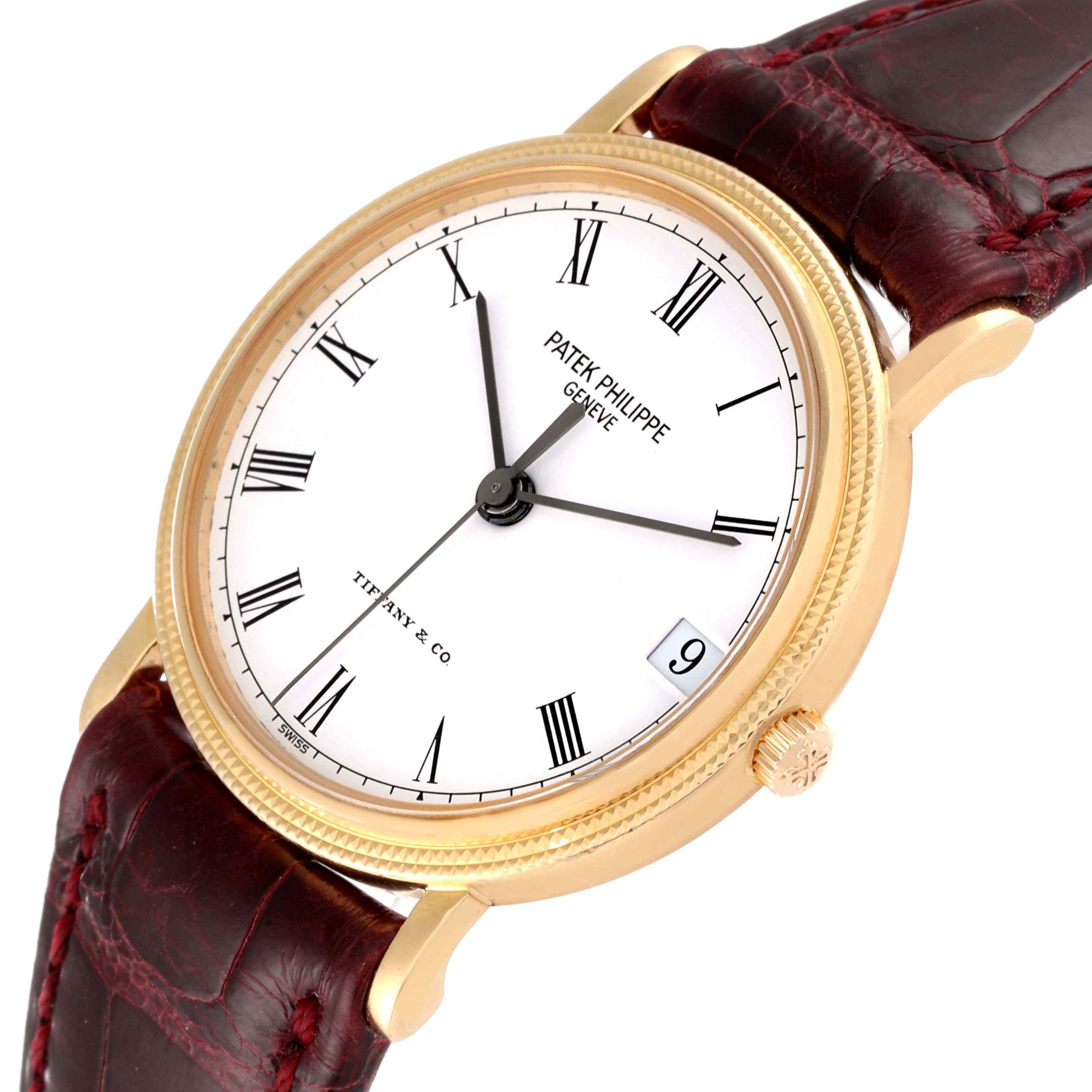 The image shows a Patek Philippe Calatrava 3802G Men's Yellow Gold White Dial 3802G Men's Yellow Gold White Dial watch from a top-down angle, highlighting the dial, case, crown, and leather strap.