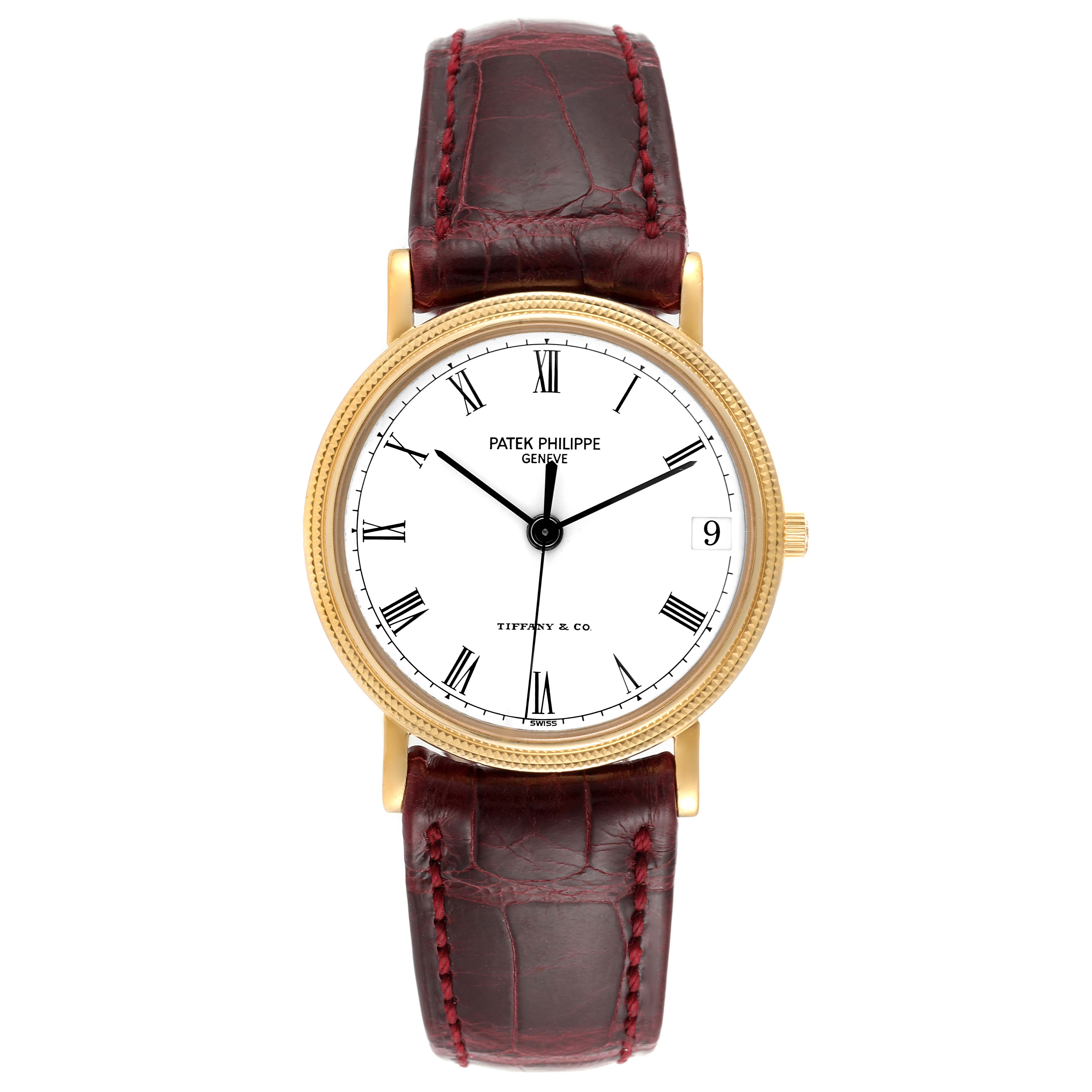 The image shows the front view of a Patek Philippe Calatrava 3802G Men's Yellow Gold White Dial 3802G Men's Yellow Gold White Dial watch with a white dial, gold case, and brown leather strap.
