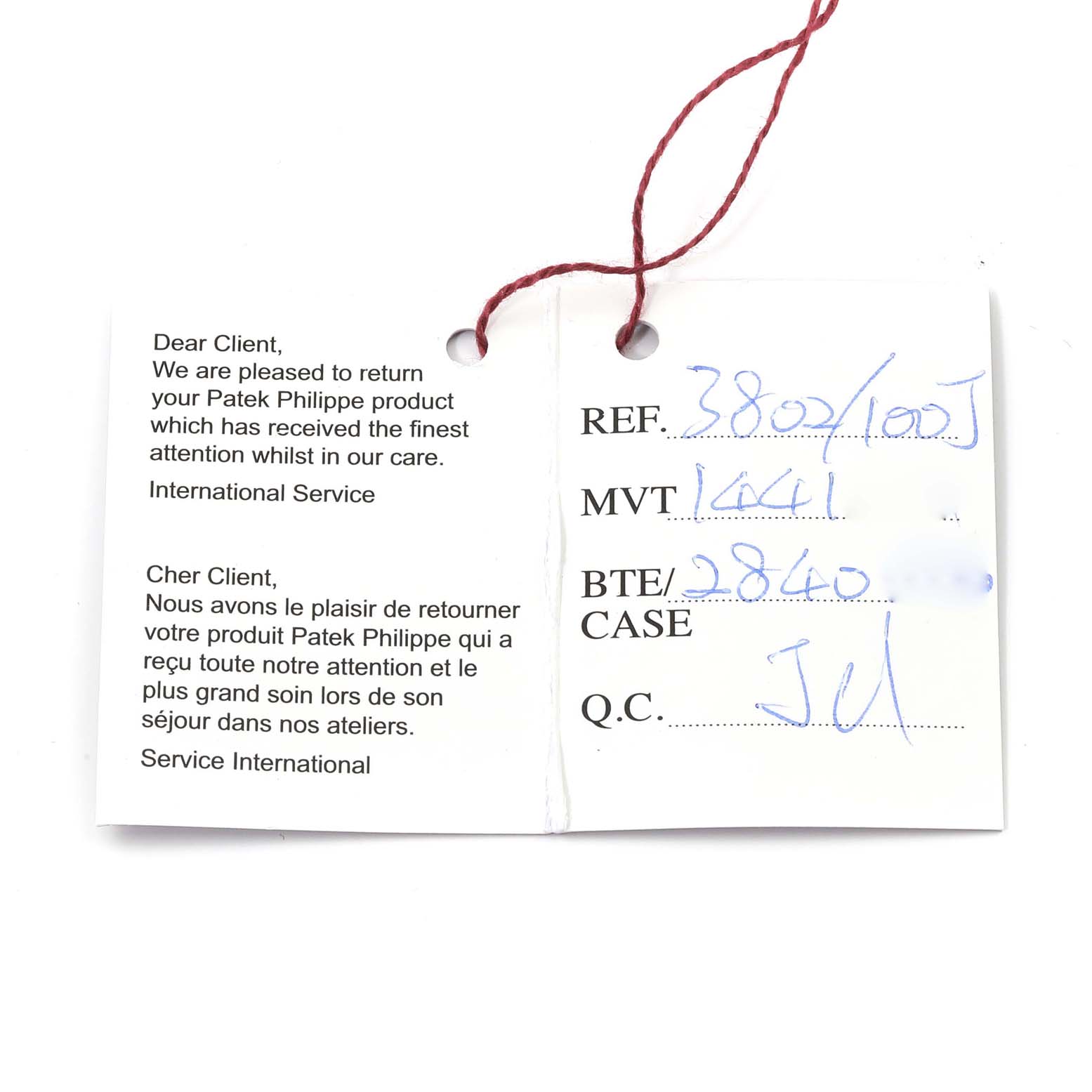 The image shows an international service tag for a Patek Philippe Calatrava 3802G Men's Yellow Gold White Dial 3802G Men's Yellow Gold White Dial watch, model reference 3802/100J.