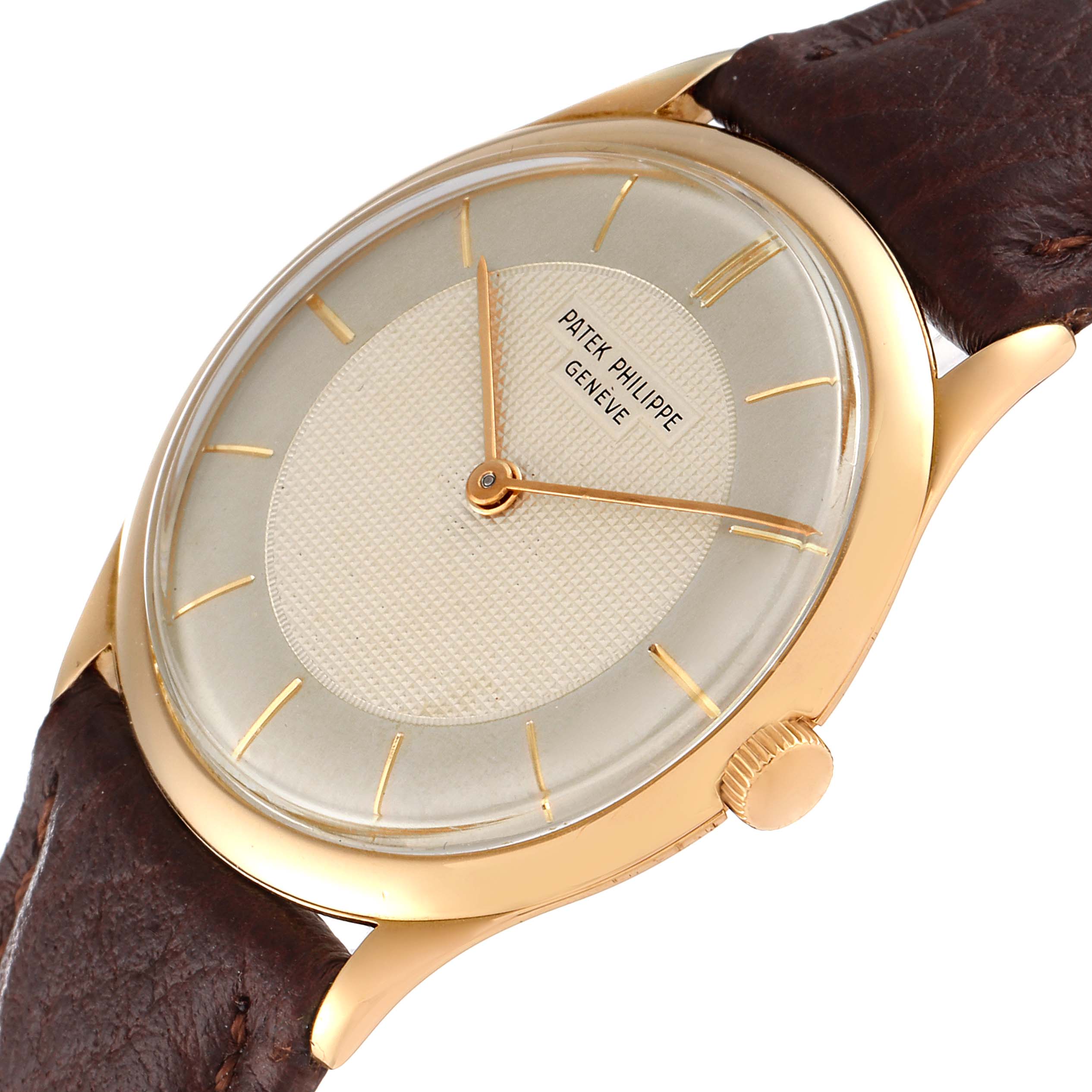 The image shows a close-up, angled view of a Patek Philippe Calatrava 2507 Men's Yellow Gold Silver Dial 2507 Men's Yellow Gold Silver Dial watch, highlighting its dial, case, crown, and strap.