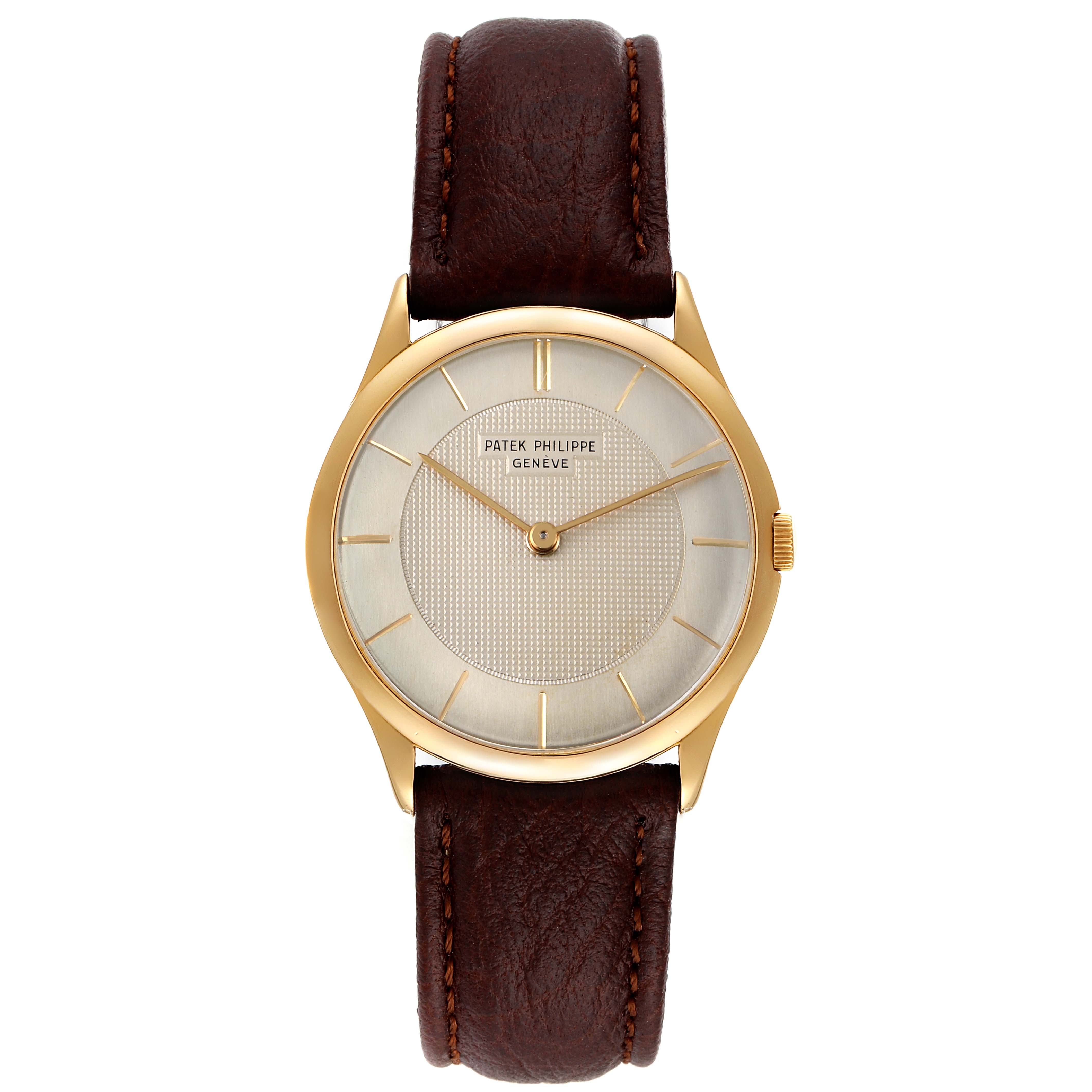 The image shows a front view of the Patek Philippe Calatrava 2507 Men's Yellow Gold Silver Dial 2507 Men's Yellow Gold Silver Dial watch with a gold case and brown leather strap.