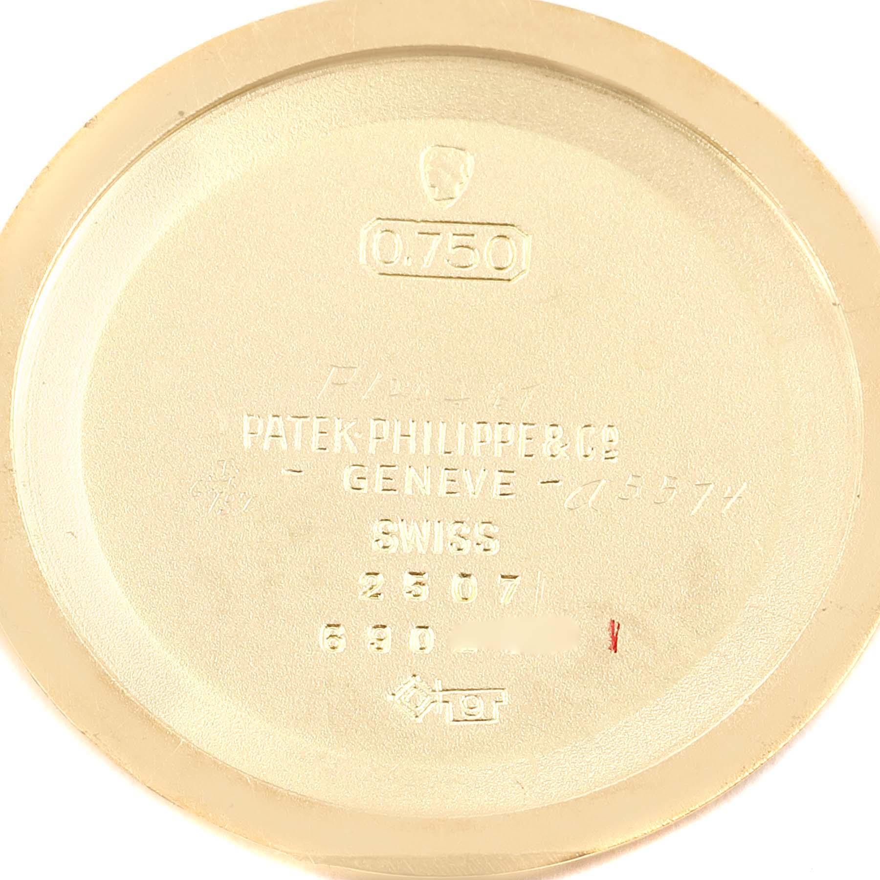 The image shows the inside case back of a Patek Philippe Calatrava 2507 Men's Yellow Gold Silver Dial 2507 Men's Yellow Gold Silver Dial watch.