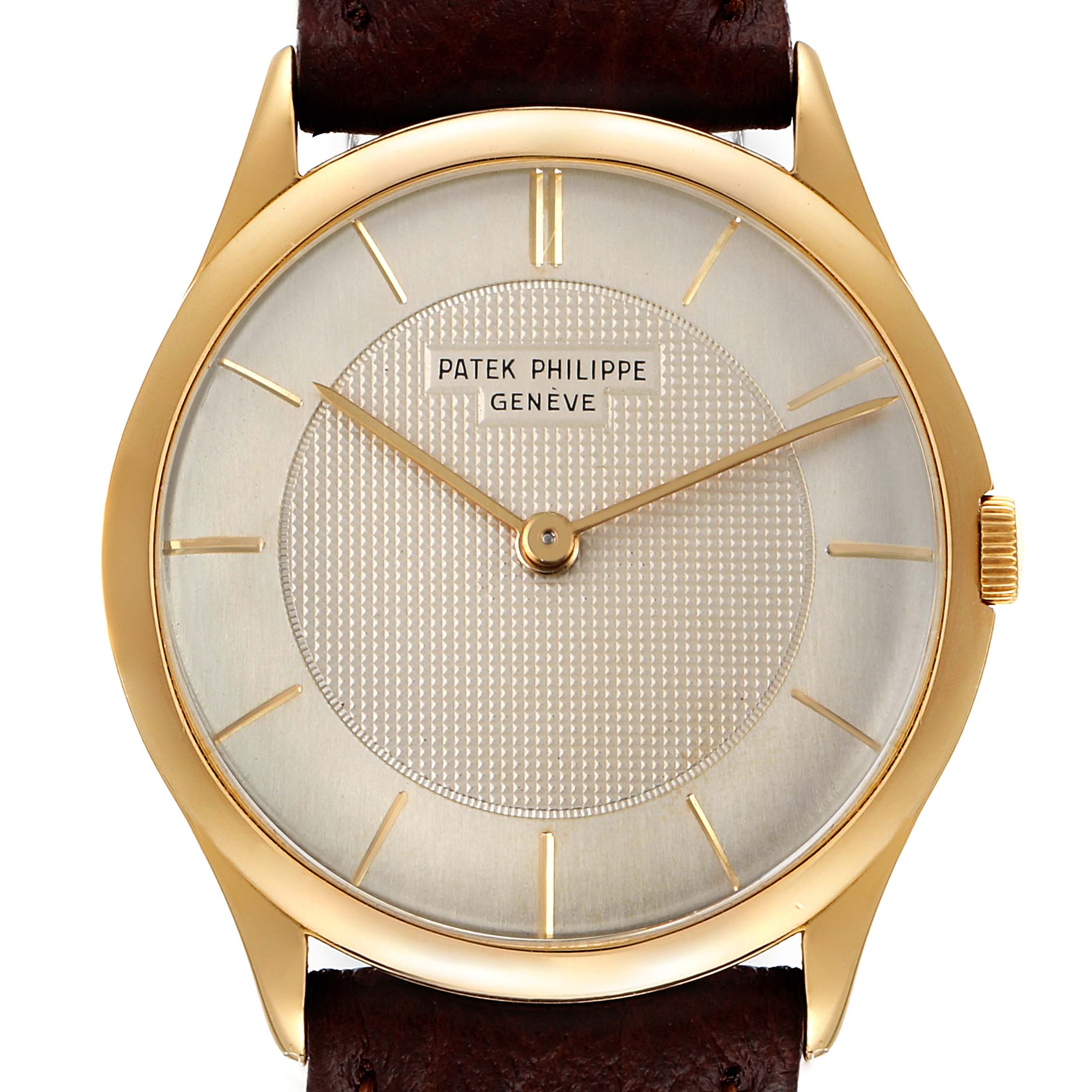 The image shows a front view of the Patek Philippe Calatrava 2507 Men's Yellow Gold Silver Dial 2507 Men's Yellow Gold Silver Dial watch, highlighting its dial, hands, and a portion of the strap.