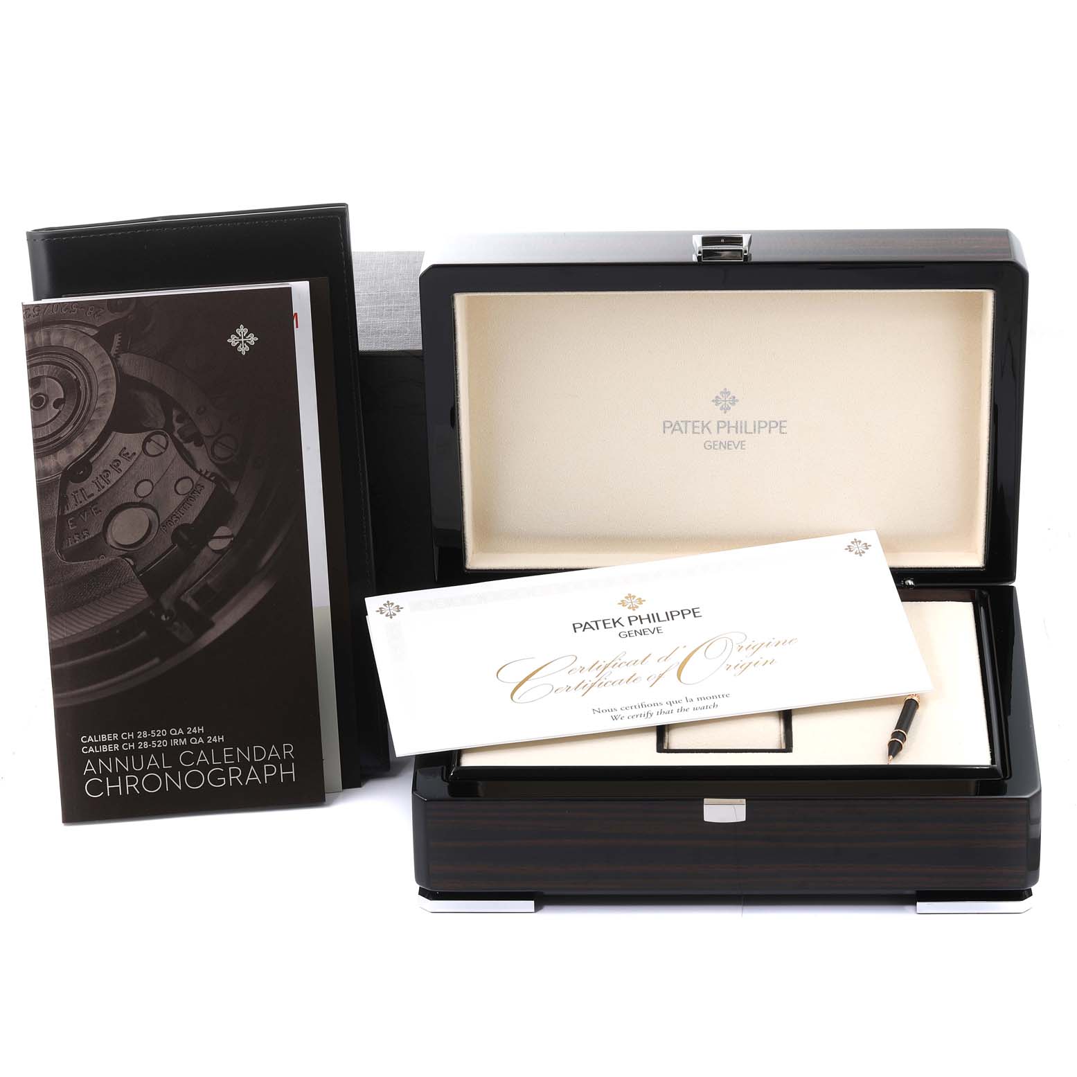 The image shows a Patek Philippe Complications 5905R - 001 Men's Rose Gold Brown Dial 5905R - 001 Men's Rose Gold Brown Dial model packaging, including the box, manuals, and a certificate of origin.