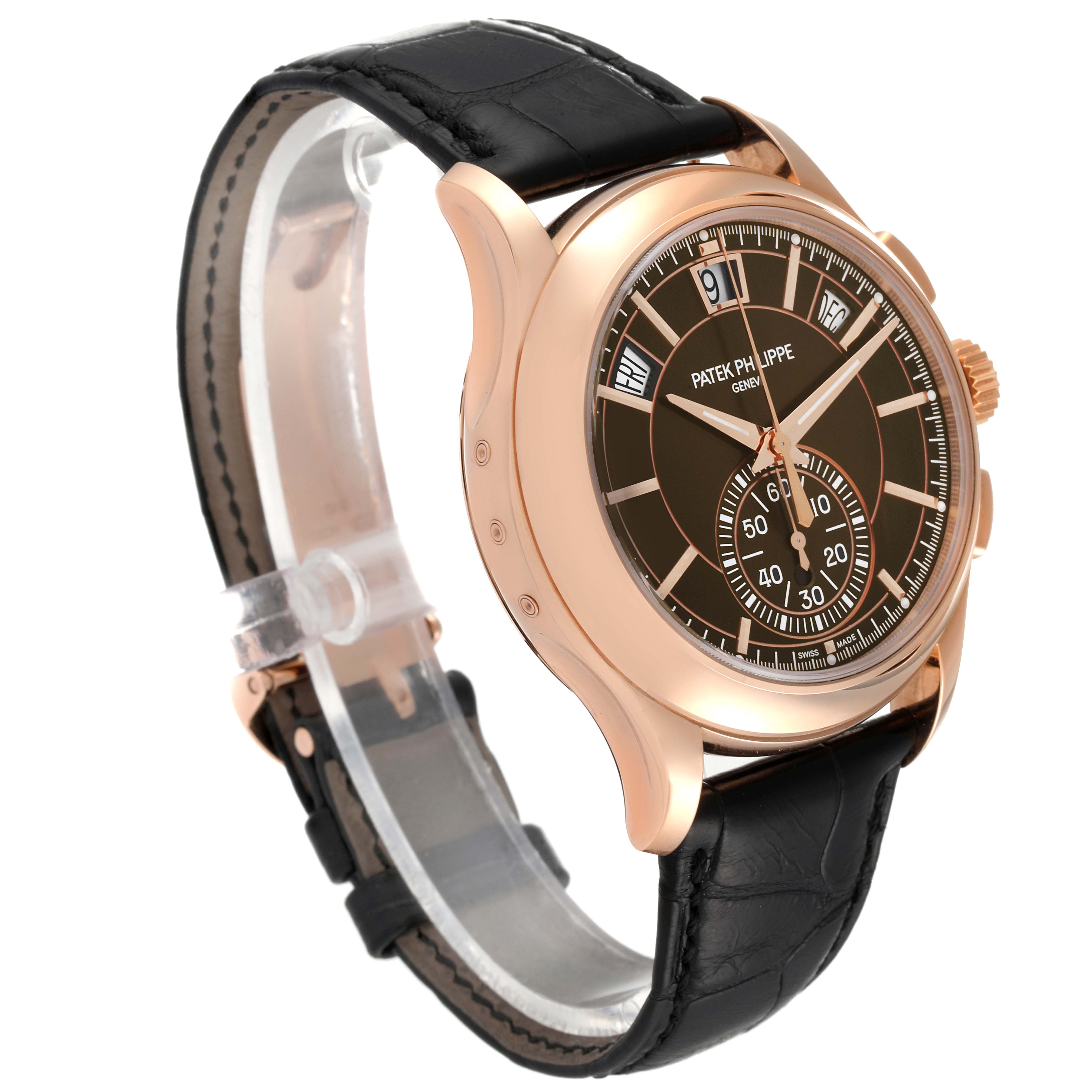 The image shows a side and front angle of a Patek Philippe Complications 5905R - 001 Men's Rose Gold Brown Dial 5905R - 001 Men's Rose Gold Brown Dial model watch, highlighting its face, crown, and leather strap.