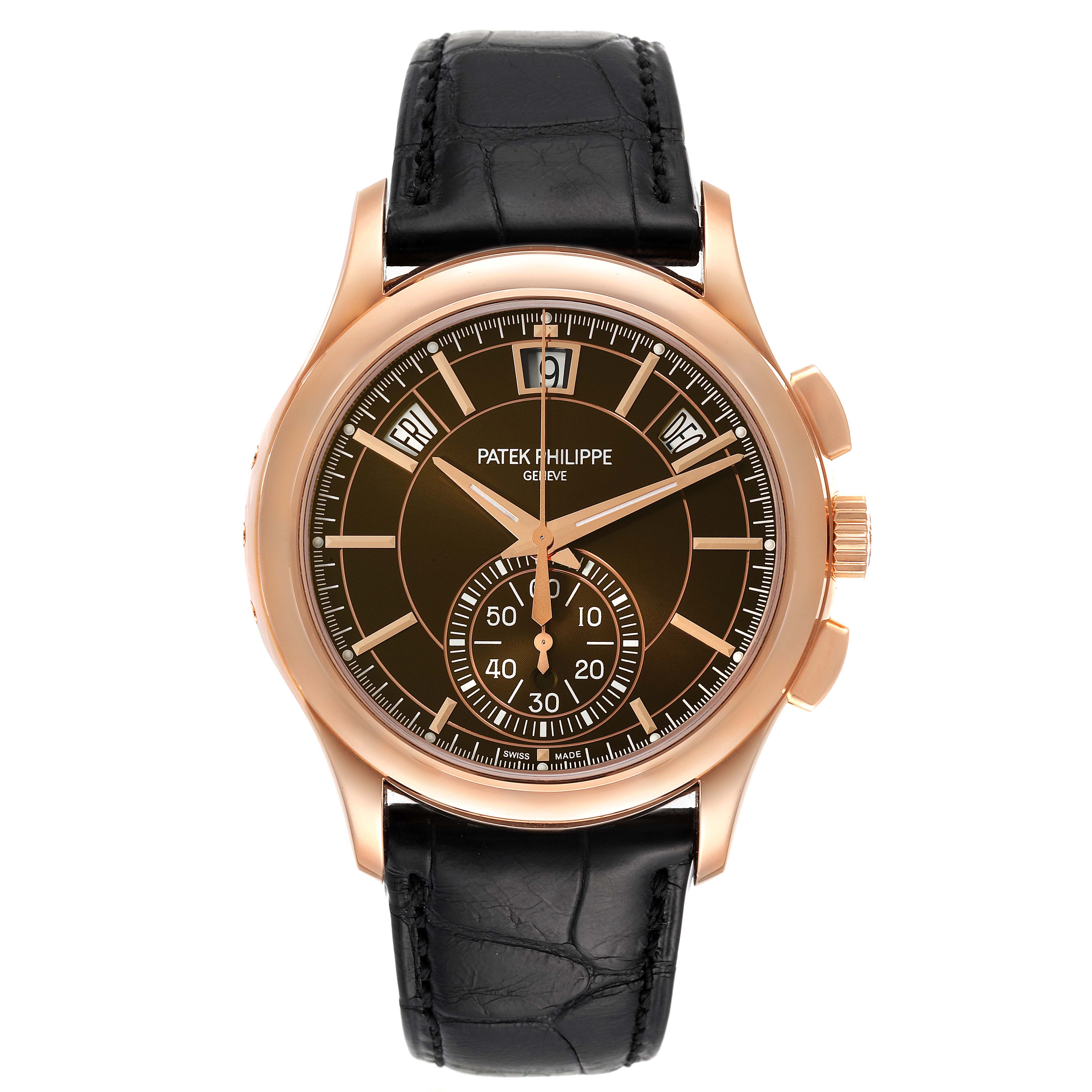This image shows a front view of the Patek Philippe Complications 5905R - 001 Men's Rose Gold Brown Dial 5905R - 001 Men's Rose Gold Brown Dial model watch, highlighting the dial, case, and leather strap.