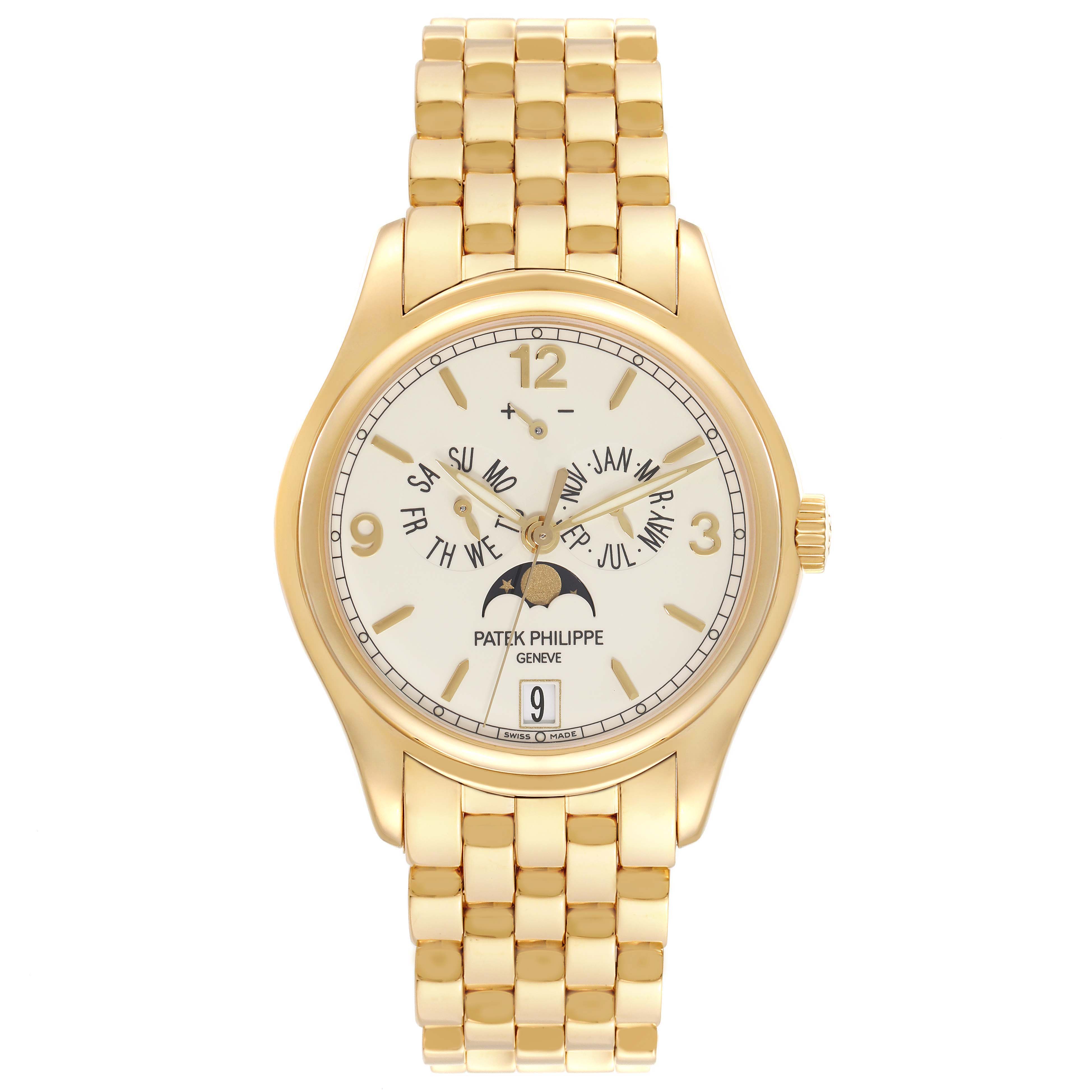 The Patek Philippe Complications 5146J Men's Yellow Gold Beige Dial 5146J Men's Yellow Gold Beige Dial watch is shown from the front, displaying its face, dial, hands, and bracelet.